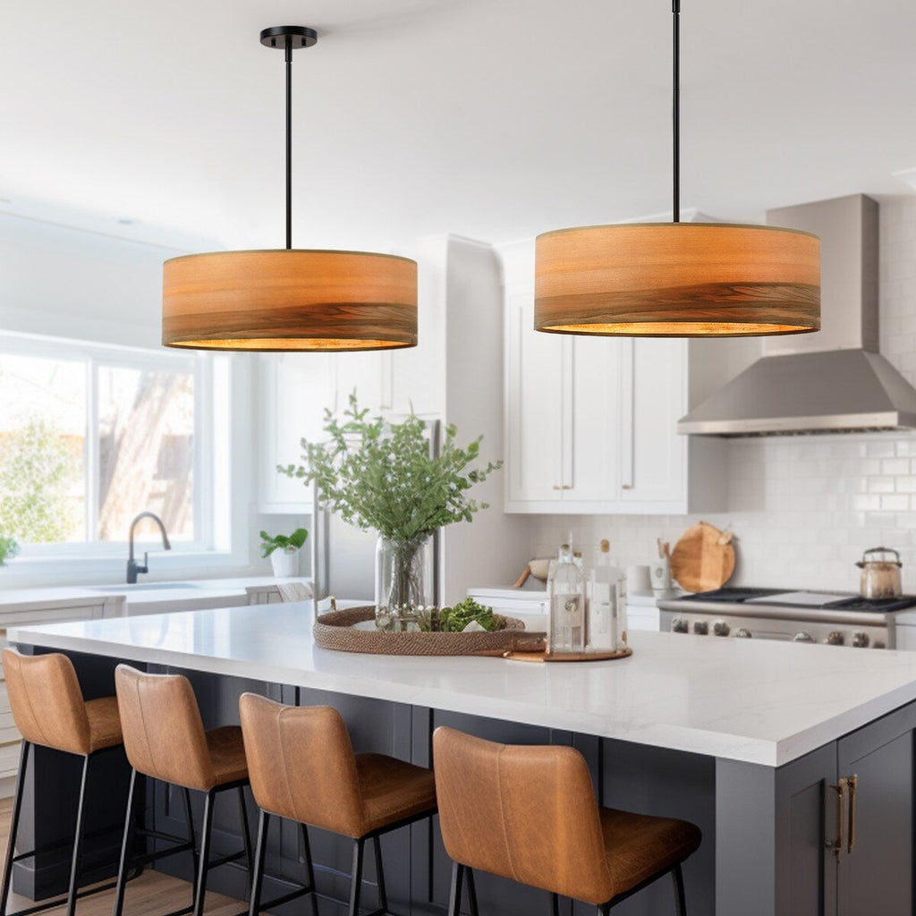 Breaux 4-Light Wood Veneer Drum Chandelier with Black Canopy - 22 in. W