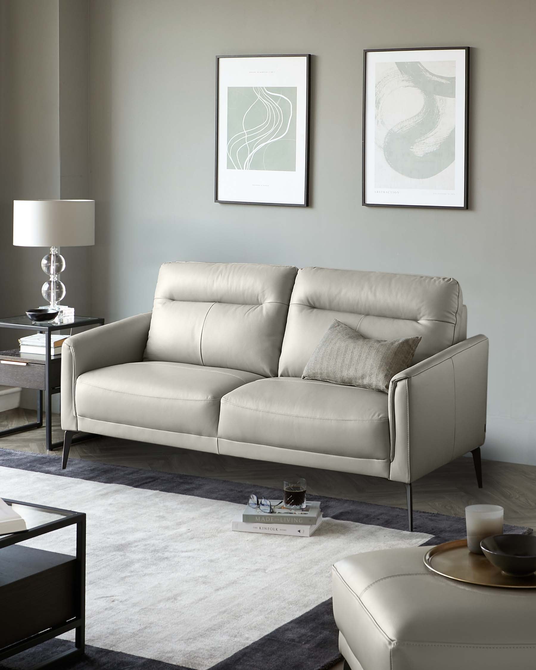 Brooks Light Grey Leather 2 Seater Sofa