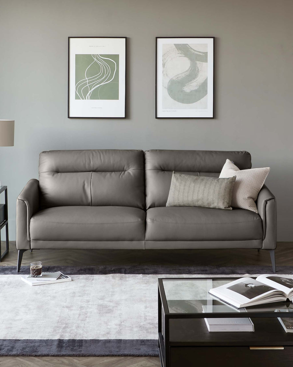 Brooks Dark Grey Leather 3 Seater Sofa