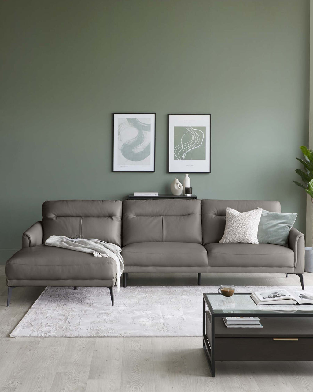 Brooks Dark Grey Leather Left Hand Corner Chaise Sofa