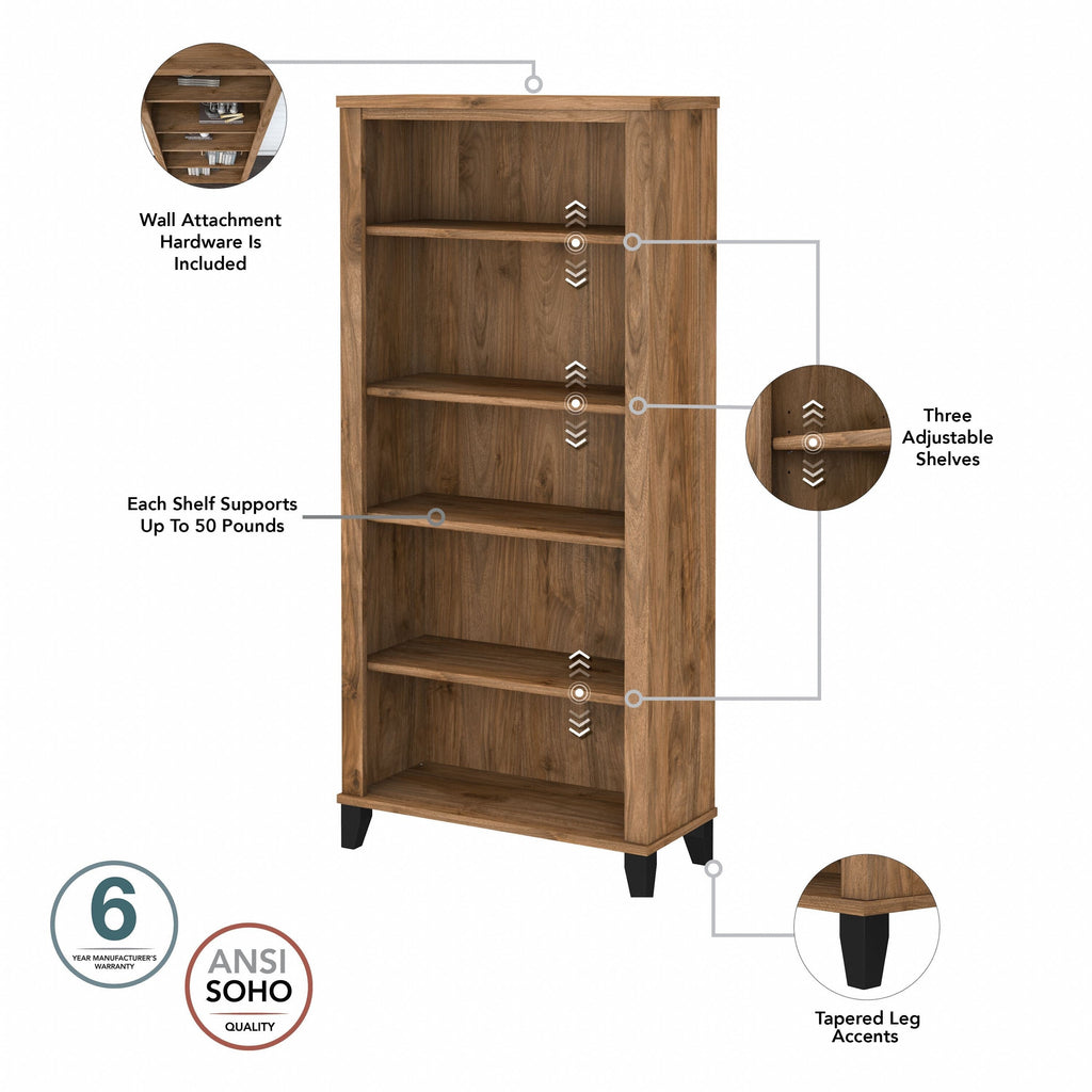 Bush Furniture Somerset Tall 5 Shelf Bookcase with Adjustable Shelves