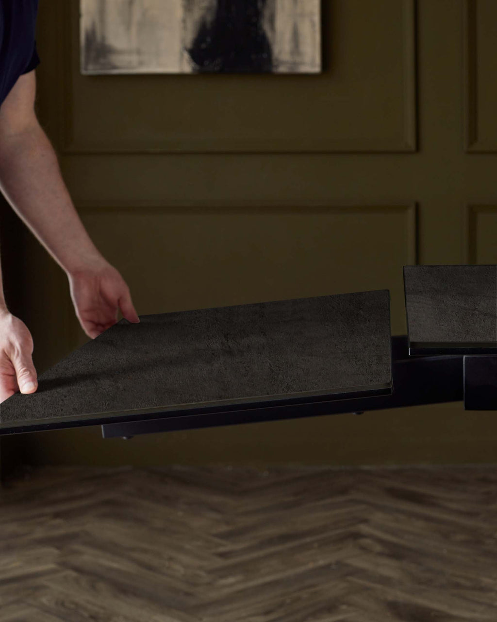 Calenzano 8-10 Seater Dark Grey Ceramic Dining Table with 8 Blakely Champagne Velvet Dining Chairs