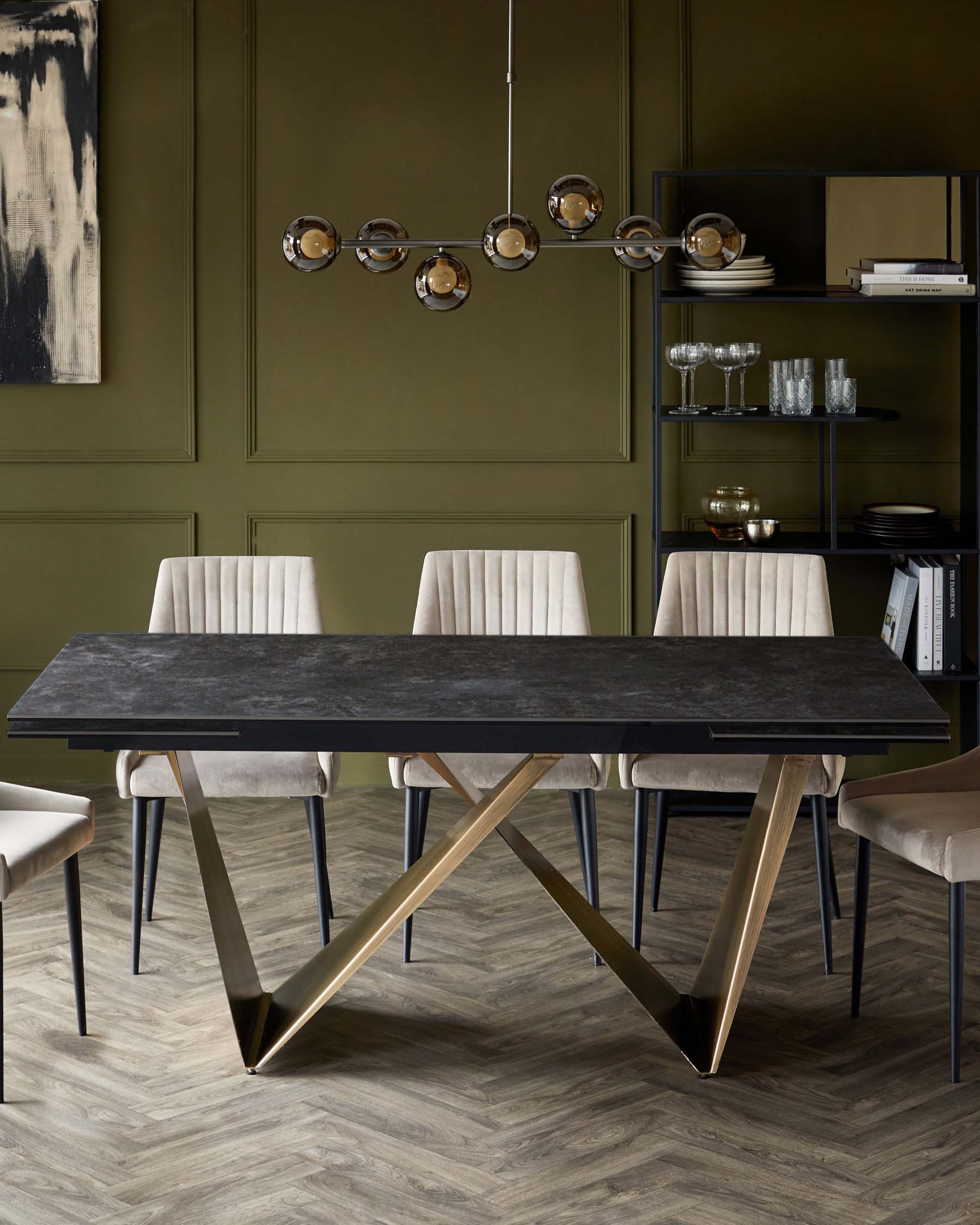 Calenzano 8-10 Seater Dark Grey Ceramic Dining Table with 8 Blakely Champagne Velvet Dining Chairs