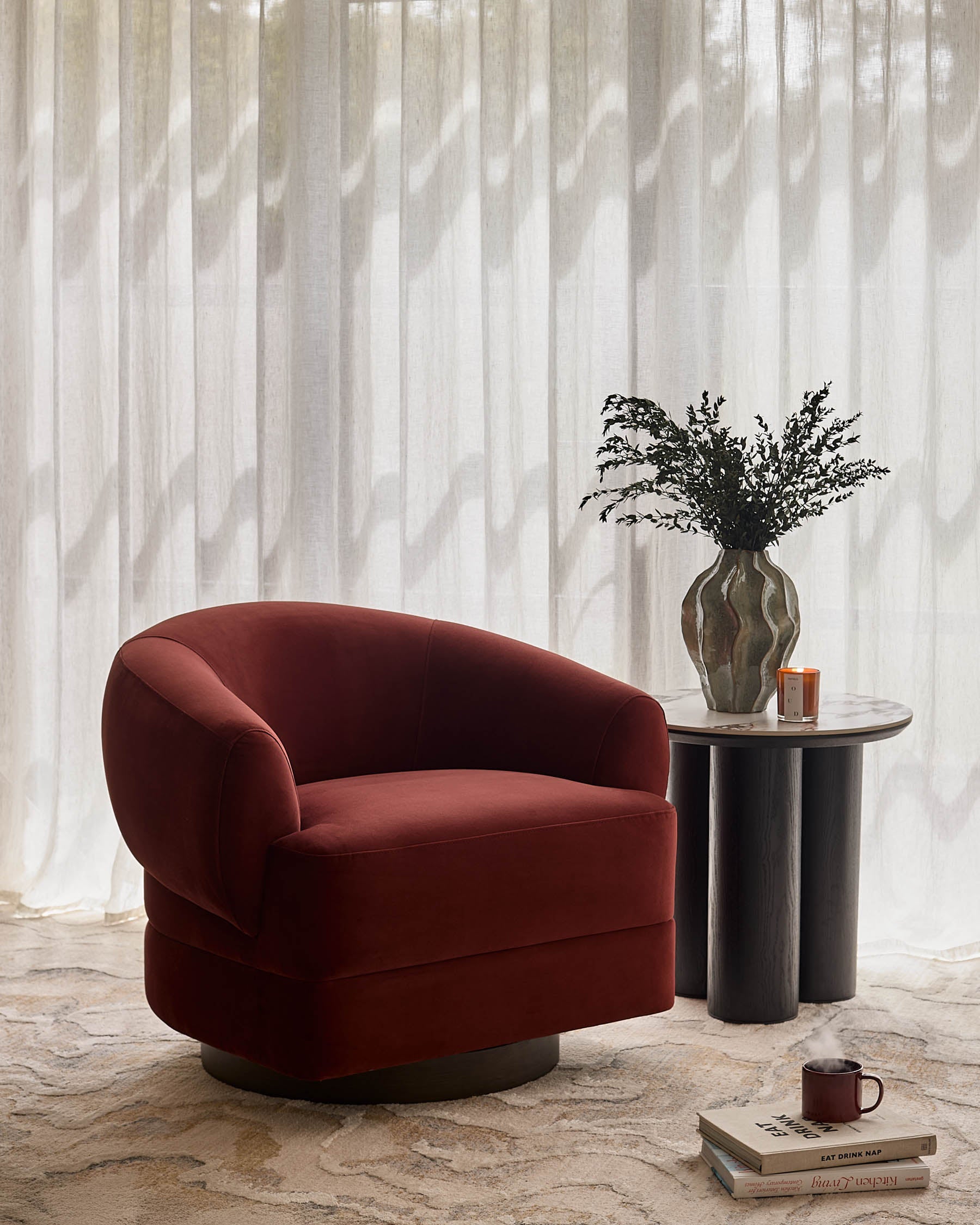 Callan toffee red velvet swivel accent chair