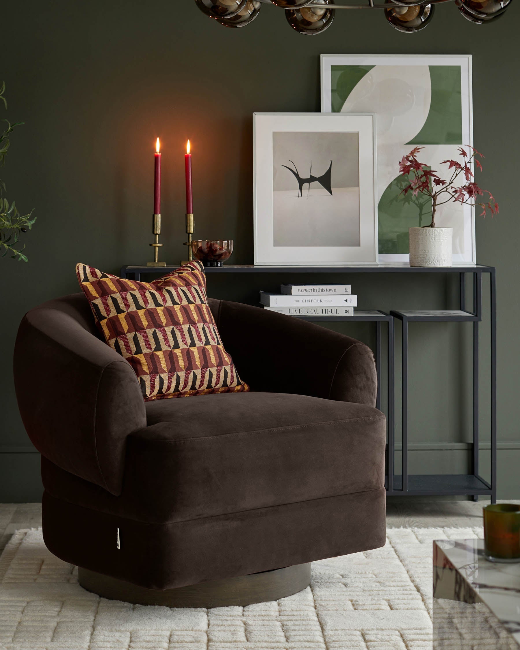 Callan dark mocha velvet swivel accent chair