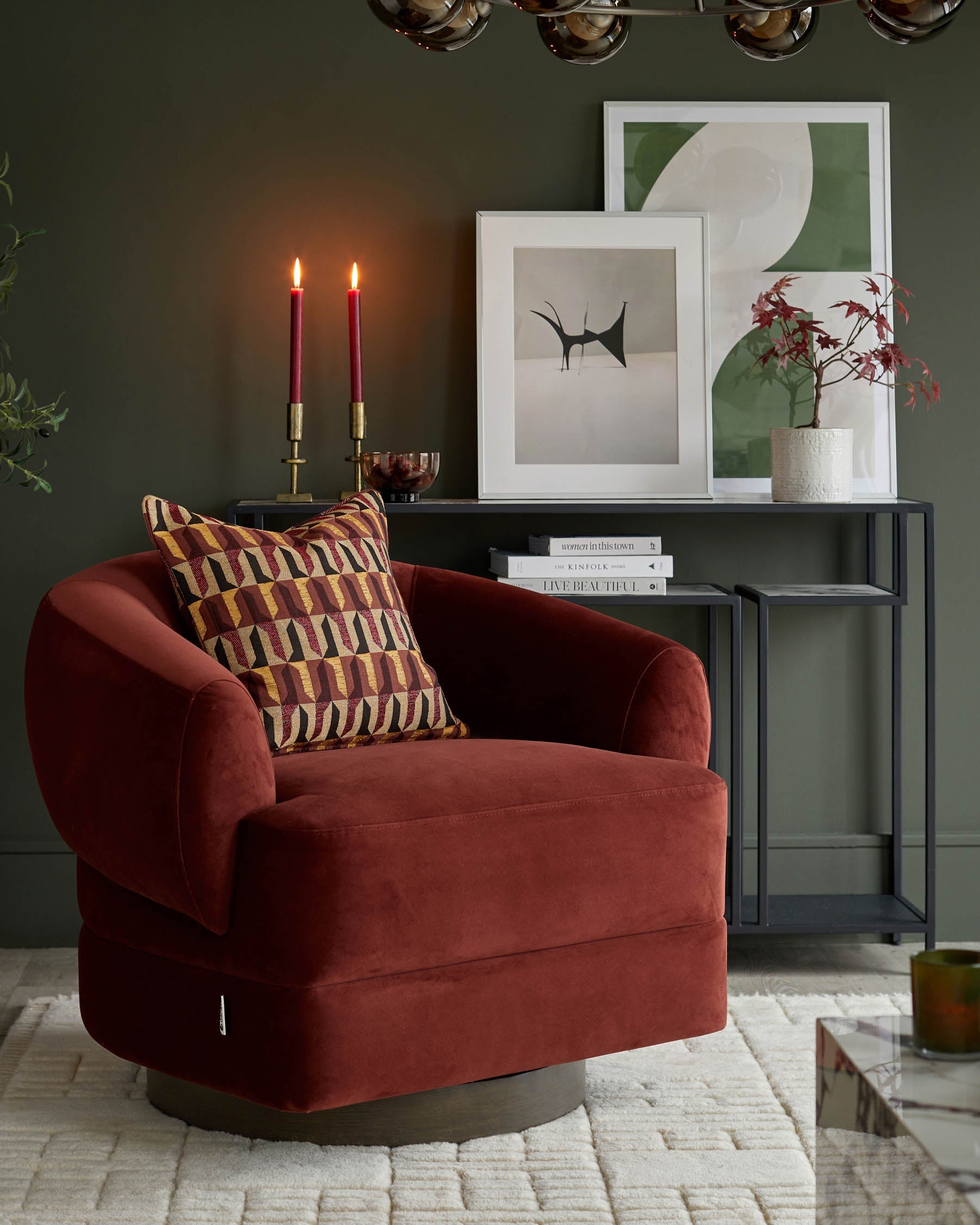 Callan toffee red velvet swivel accent chair