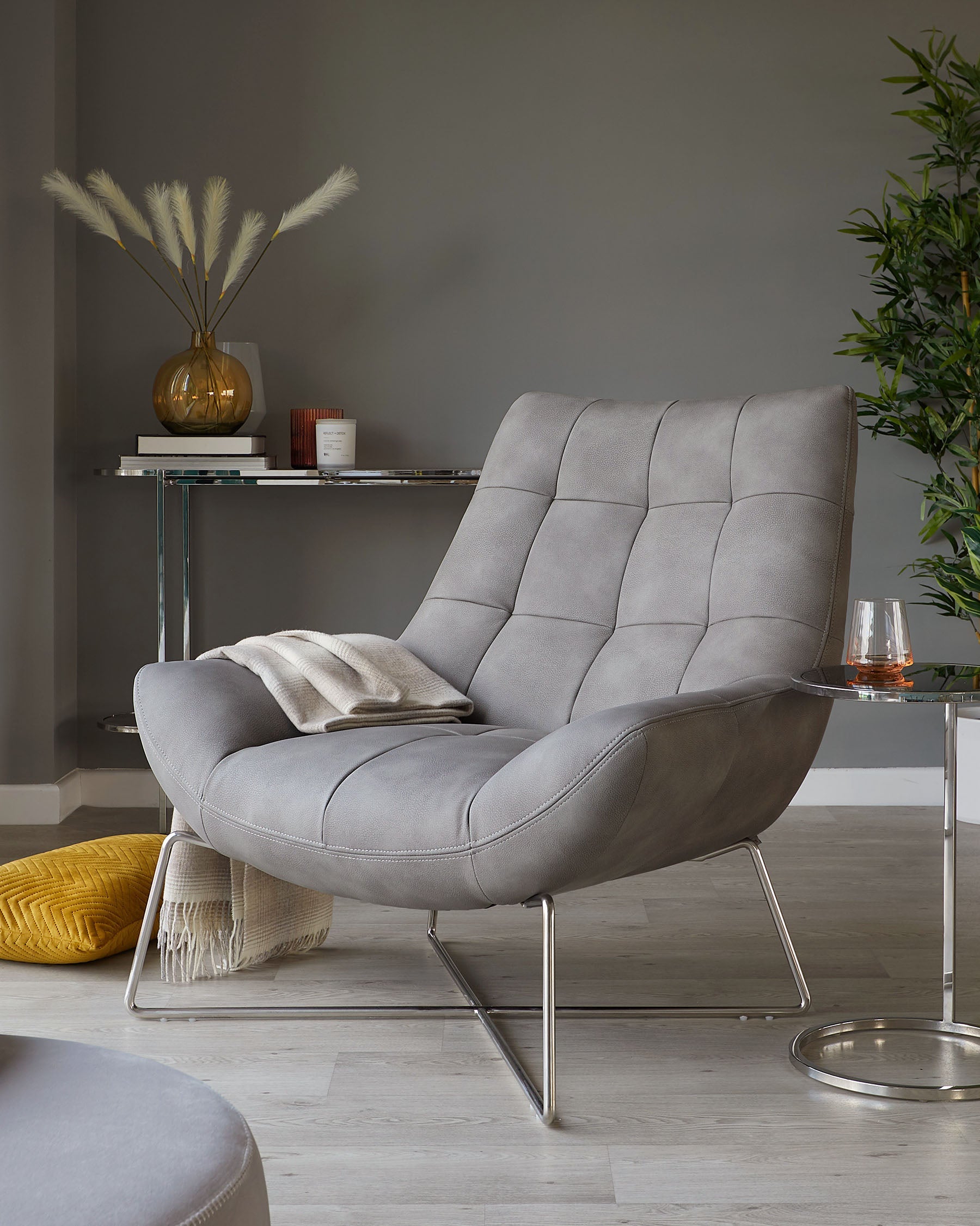 Canio Grey Faux Leather And Brushed Steel Accent Chair