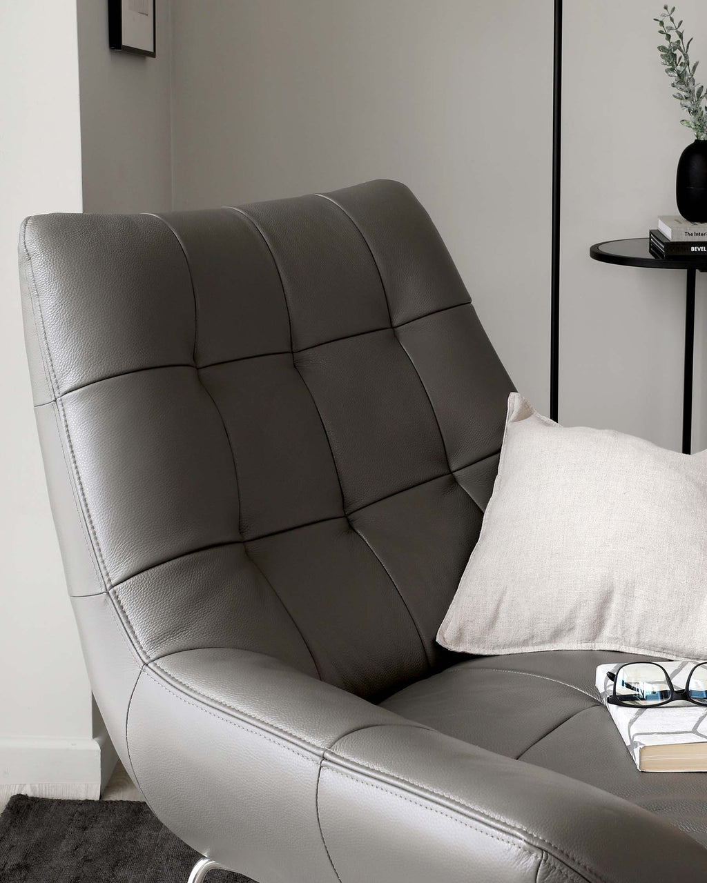 Canio Dark Grey Leather And Brushed Steel Accent Chair