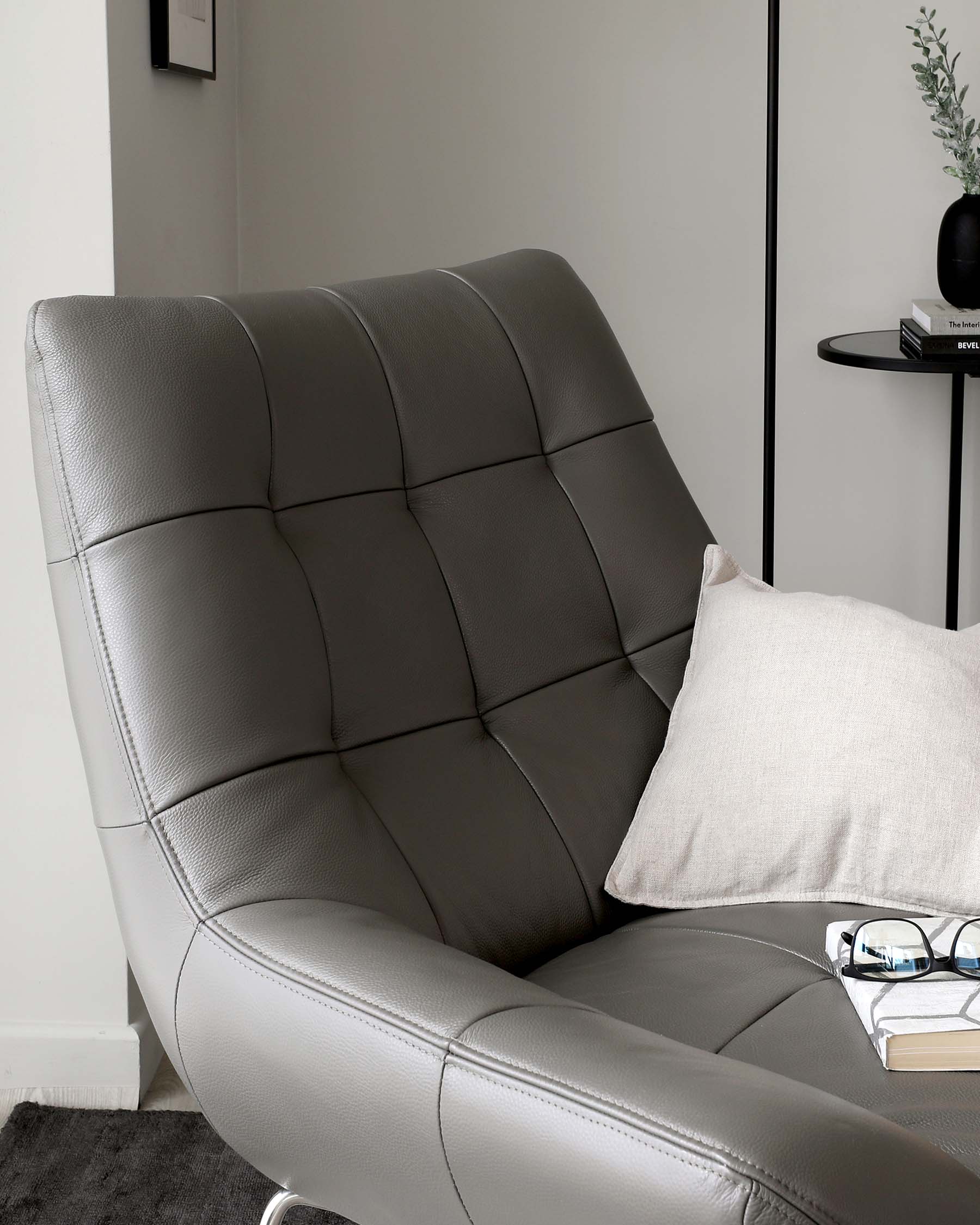Canio Dark Grey Leather And Brushed Steel Accent Chair