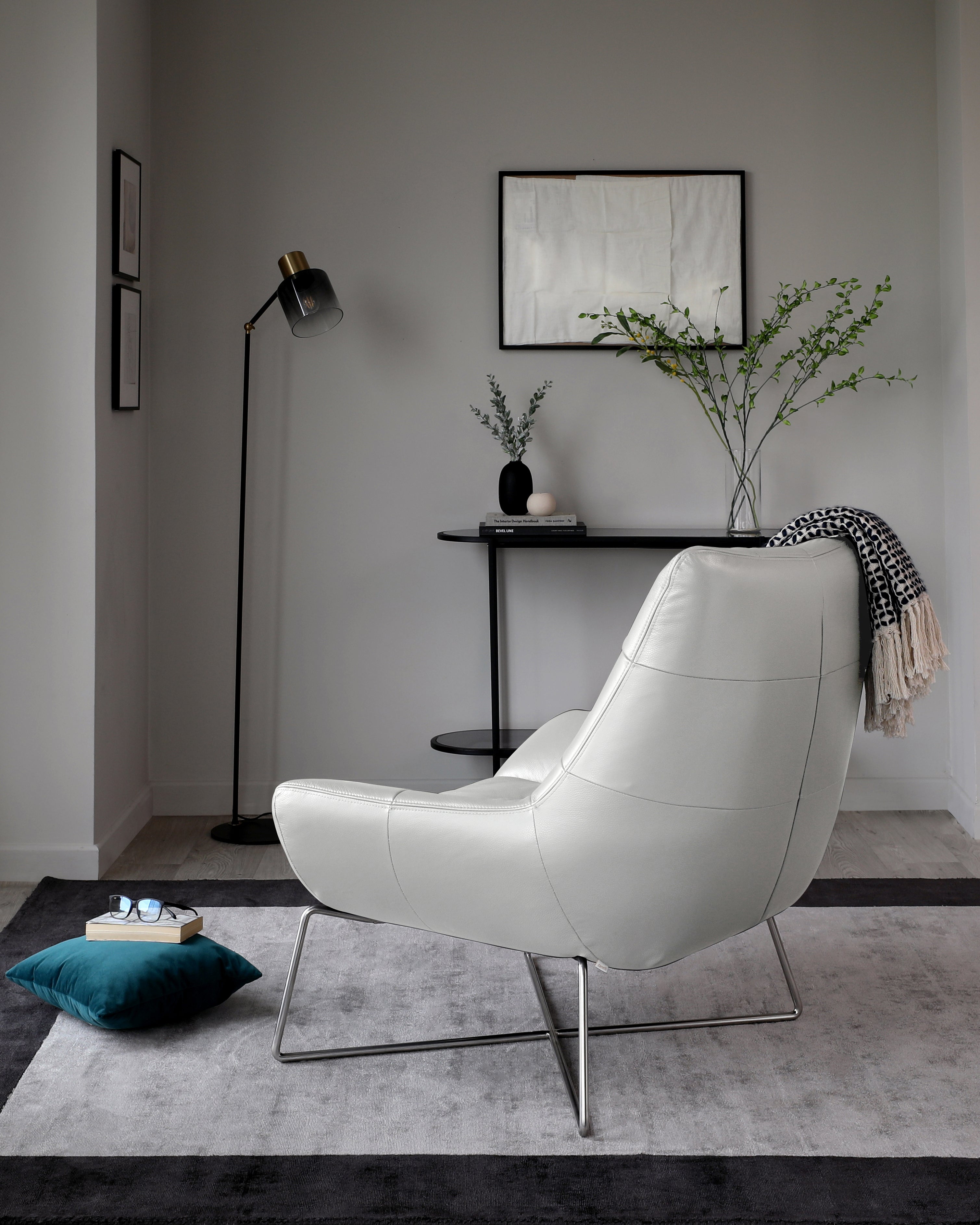 Canio Natural Grey Leather And Brushed Steel Accent Chair