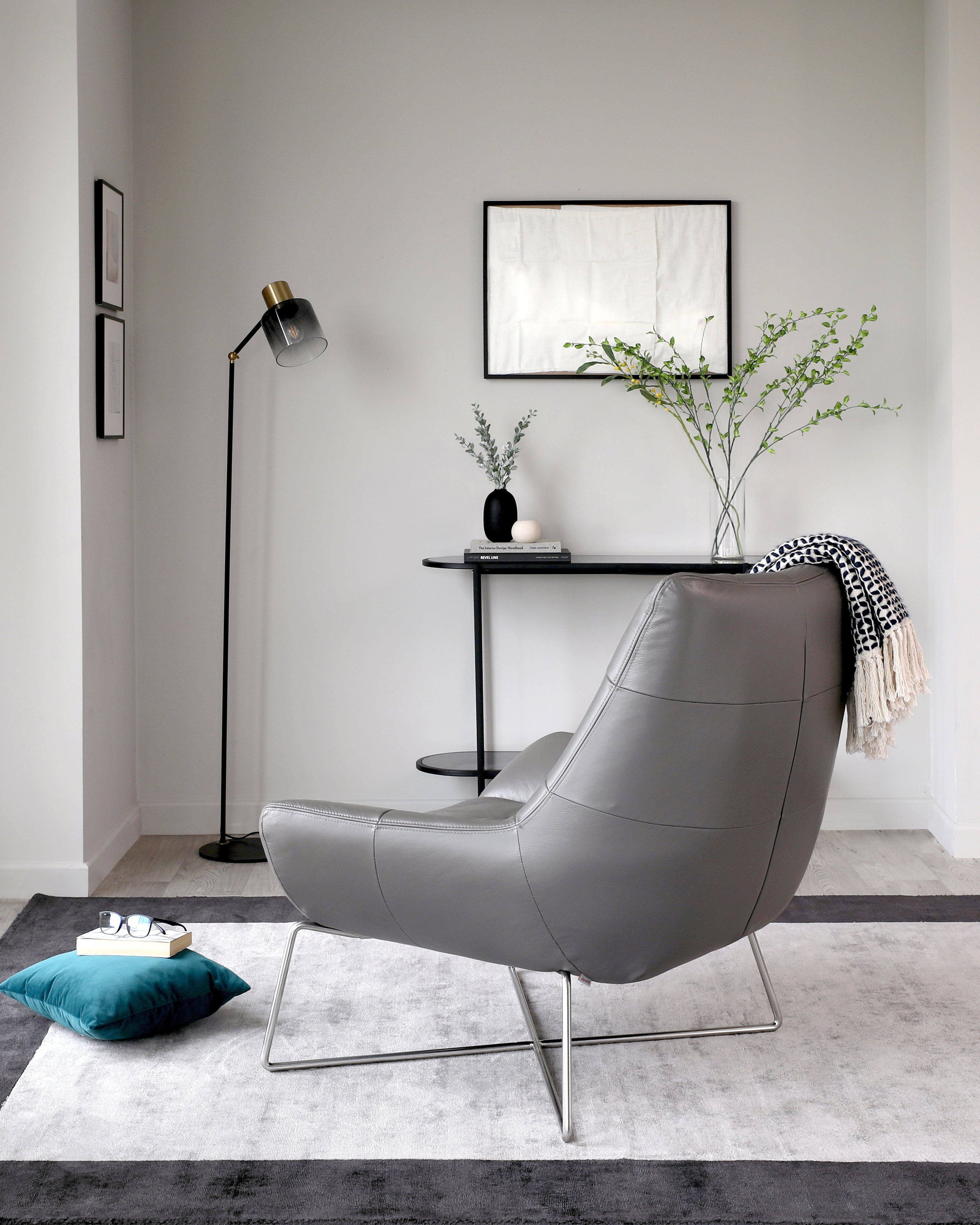 Canio Dark Grey Leather And Brushed Steel Accent Chair