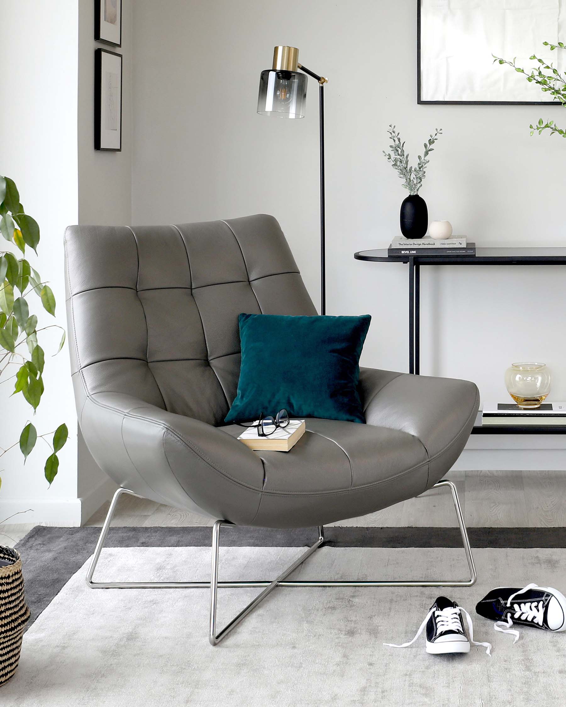 Canio Dark Grey Leather And Brushed Steel Accent Chair