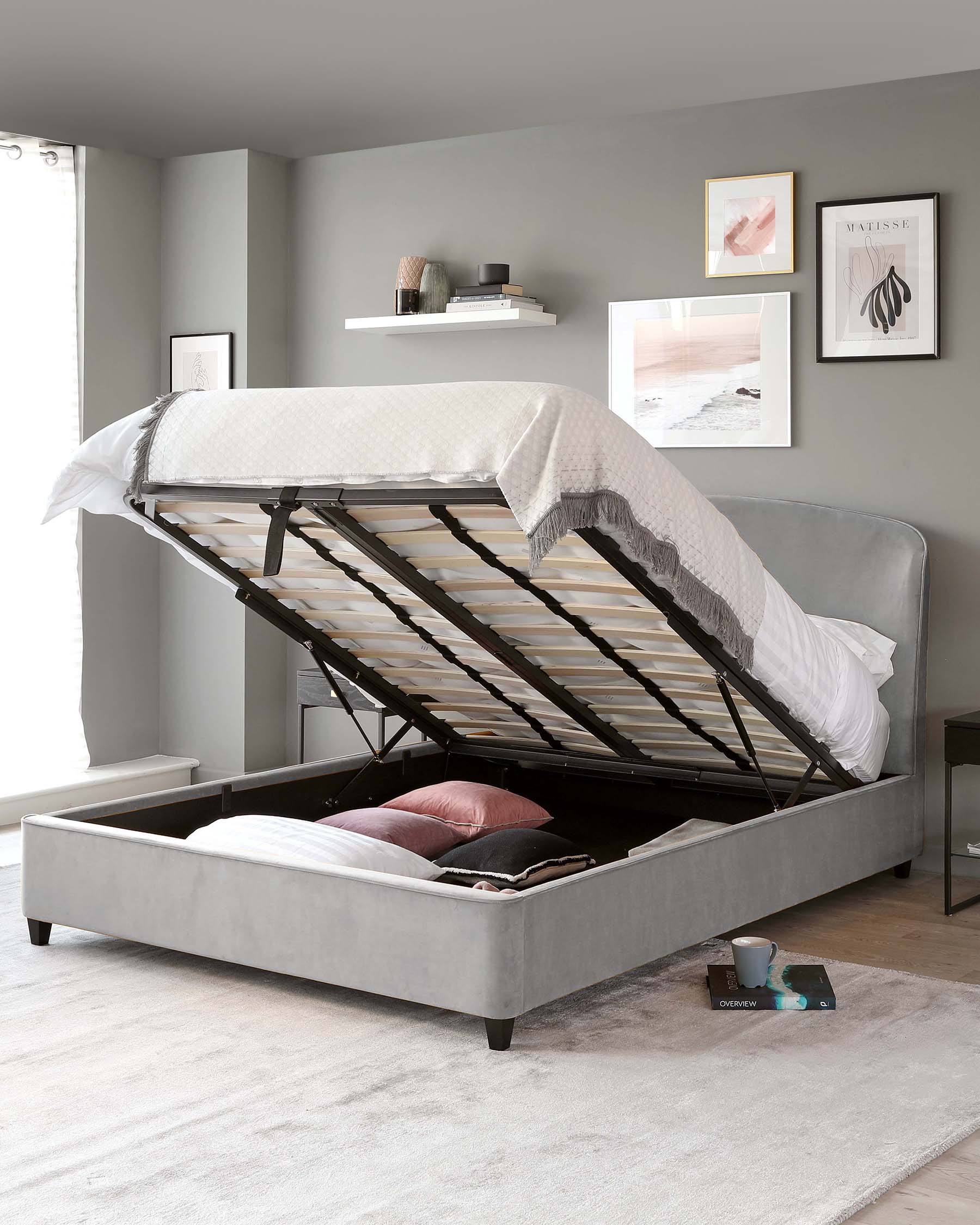 Carina Light Grey Velvet King Size Ottoman Storage Bed