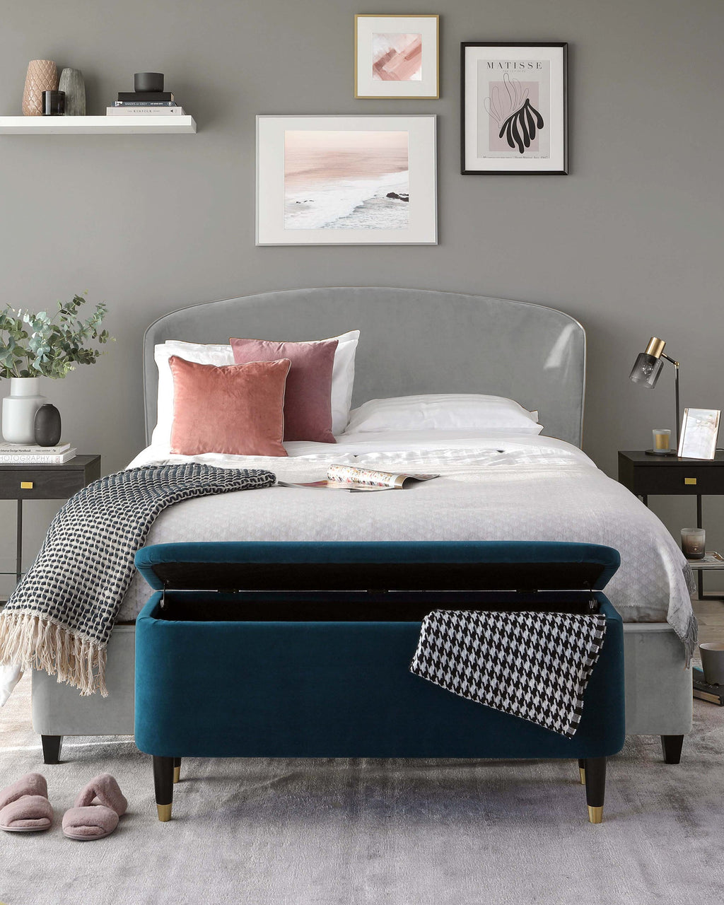 Carina Light Grey Velvet King Size Ottoman Storage Bed