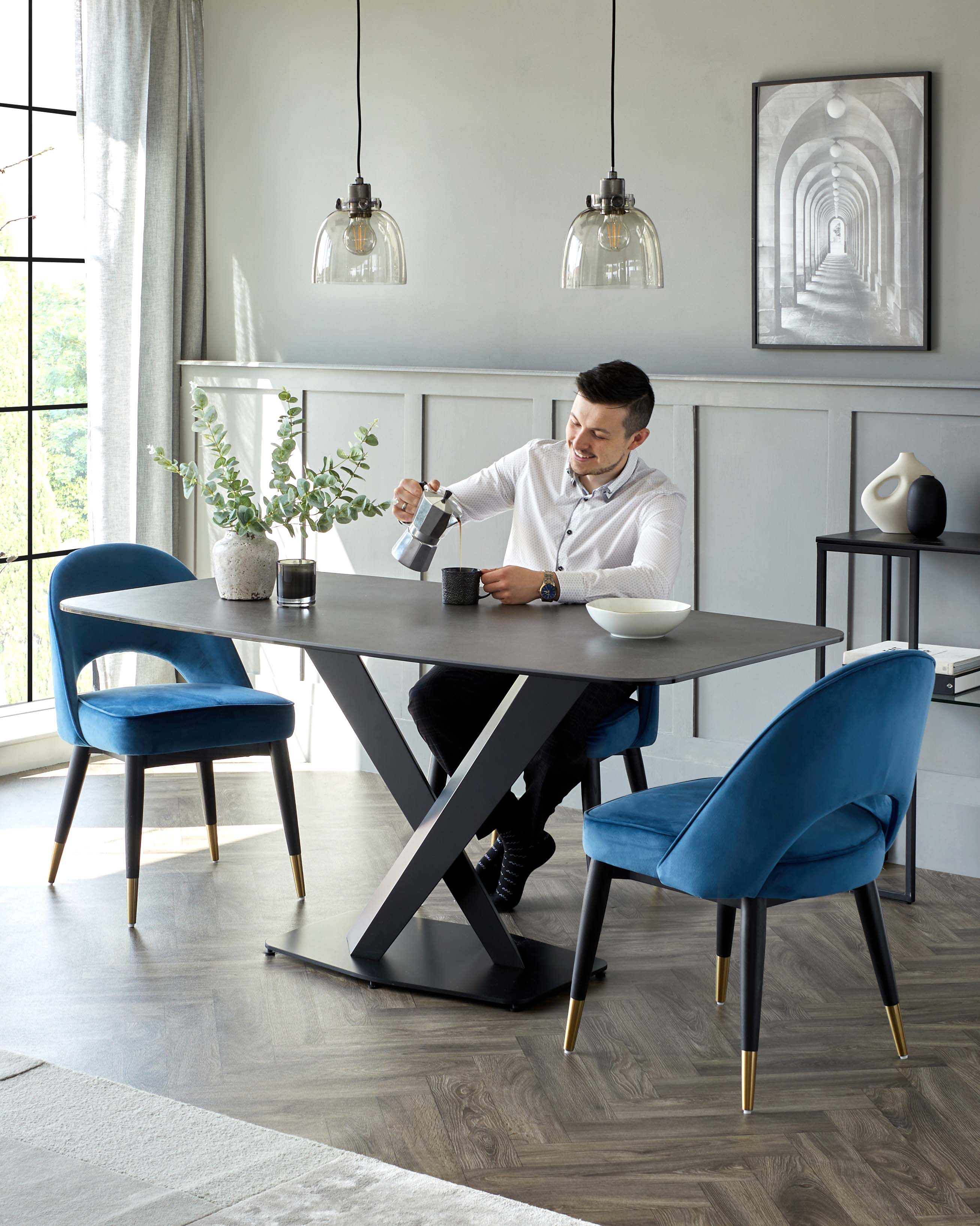 Carter Dark Grey Ceramic Pedestal 6 Seater Dining Table