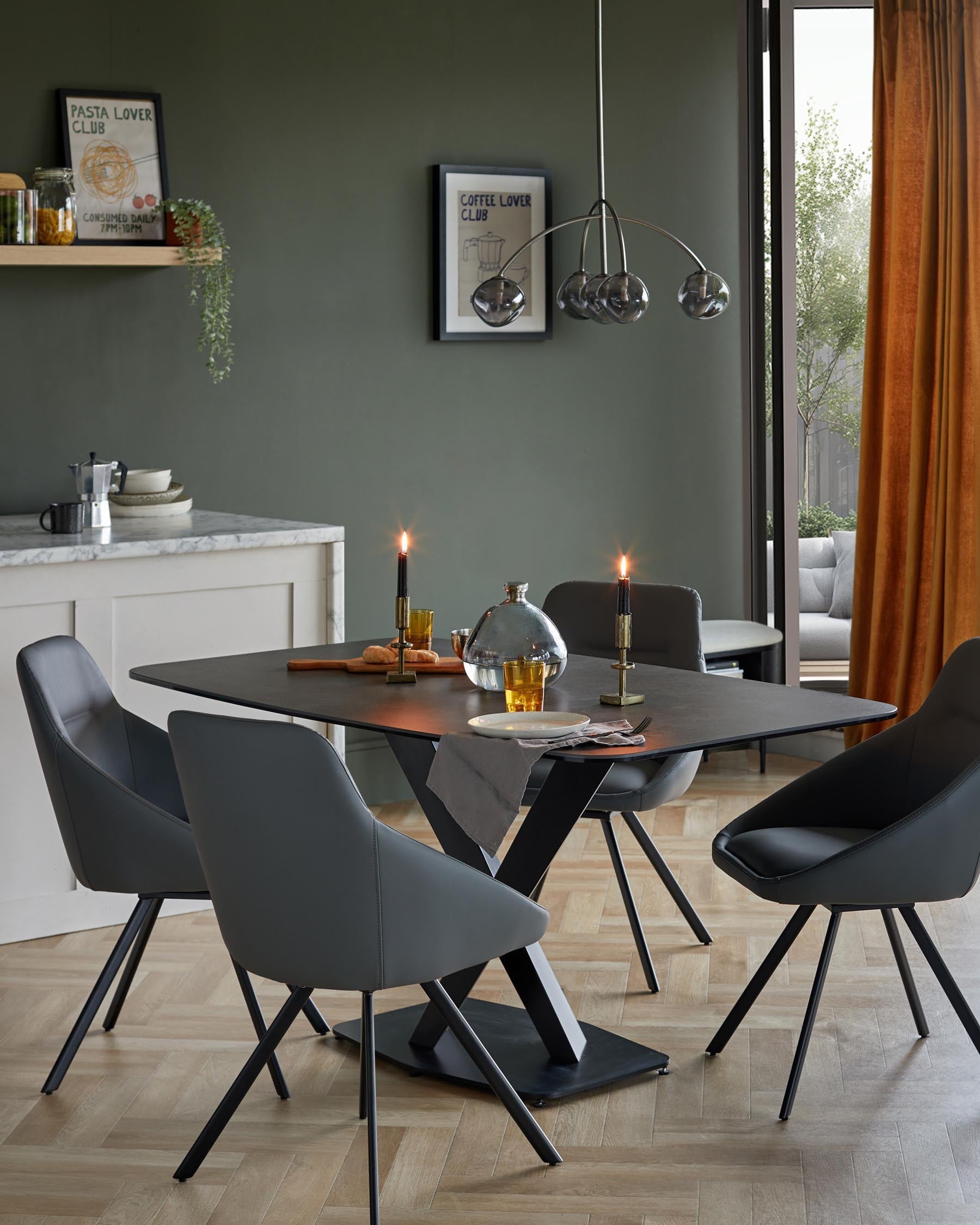 Carter 6 Seater Dark Grey Ceramic Dining Table with 6 Cleo Swivel Dark Grey Leather II Dining Chairs