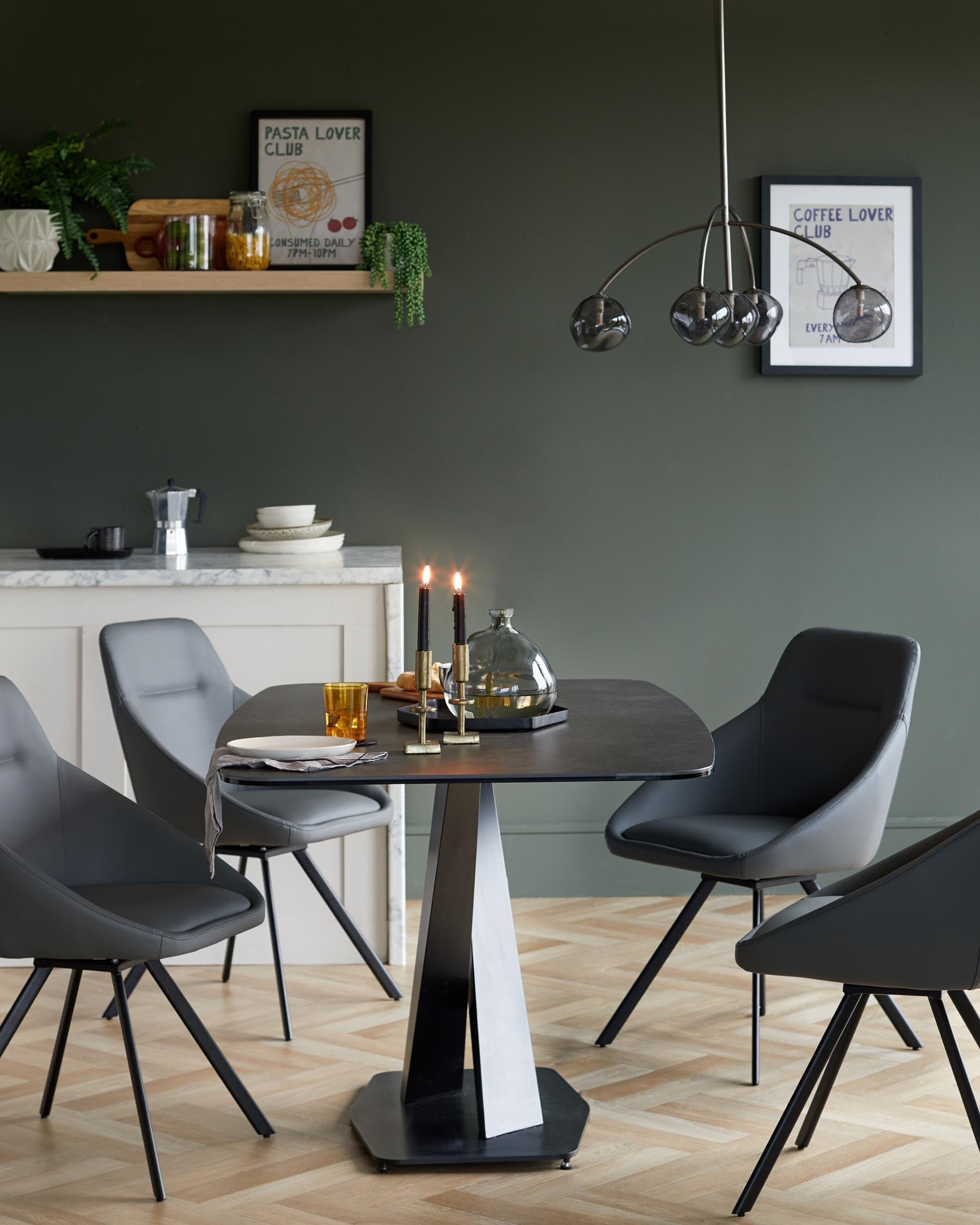 Carter 6 Seater Dark Grey Ceramic Dining Table with 6 Cleo Swivel Dark Grey Leather II Dining Chairs