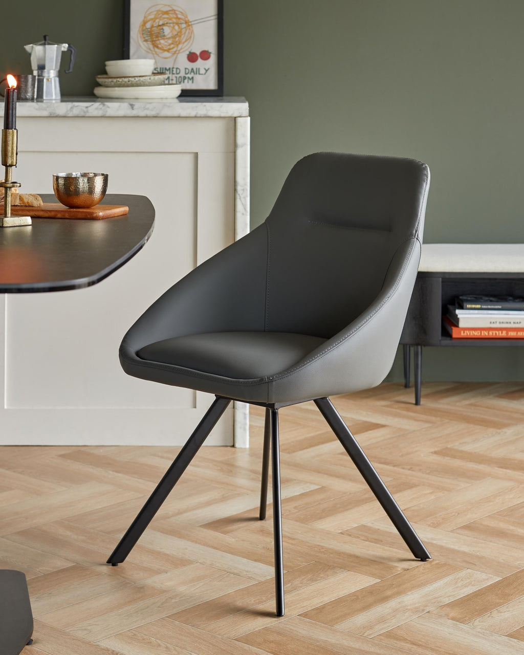 Carter 6 Seater Dark Grey Ceramic Dining Table with 6 Cleo Swivel Dark Grey Leather II Dining Chairs