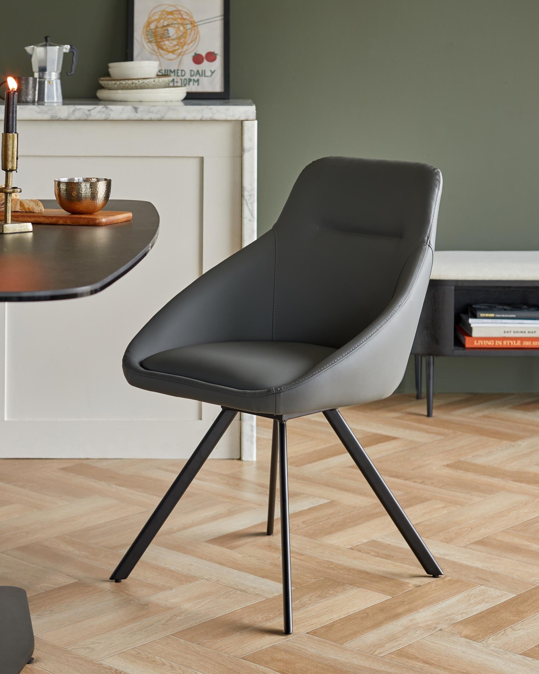 Carter 6 Seater Dark Grey Ceramic Dining Table with 6 Cleo Swivel Dark Grey Leather II Dining Chairs