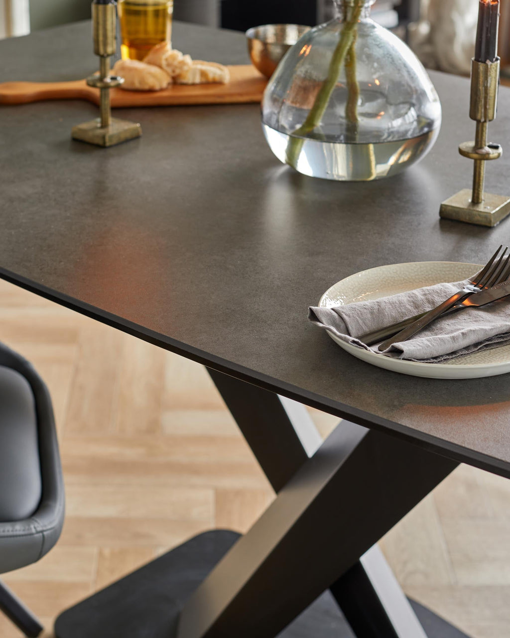 Carter 6 Seater Dark Grey Ceramic Dining Table with 6 Cleo Swivel Dark Grey Leather II Dining Chairs