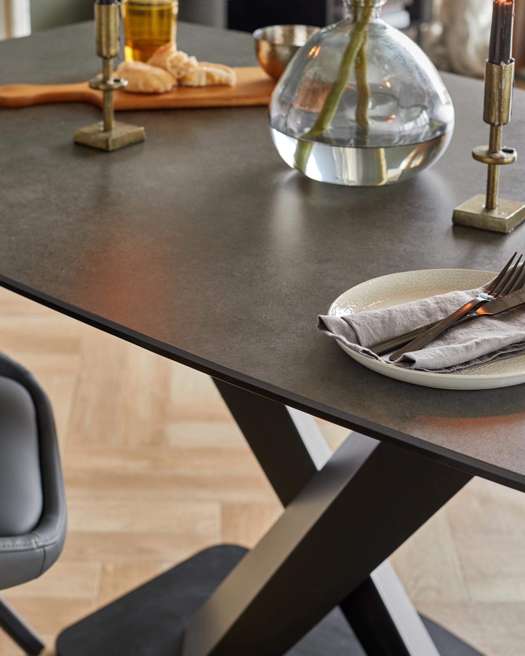 Carter 6 Seater Dark Grey Ceramic Dining Table with 6 Cleo Swivel Dark Grey Leather II Dining Chairs