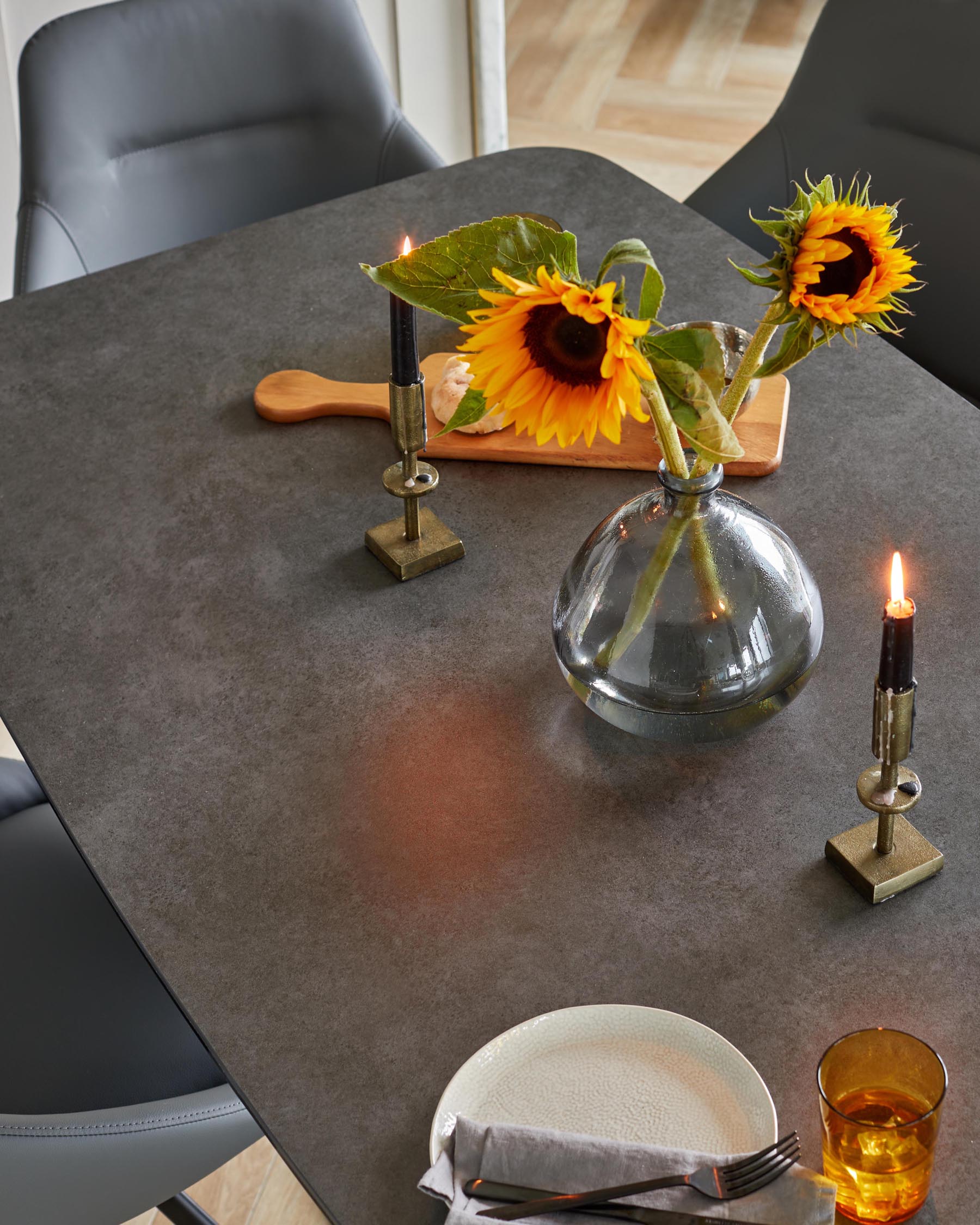 Carter 6 Seater Dark Grey Ceramic Dining Table with 6 Cleo Swivel Dark Grey Leather II Dining Chairs