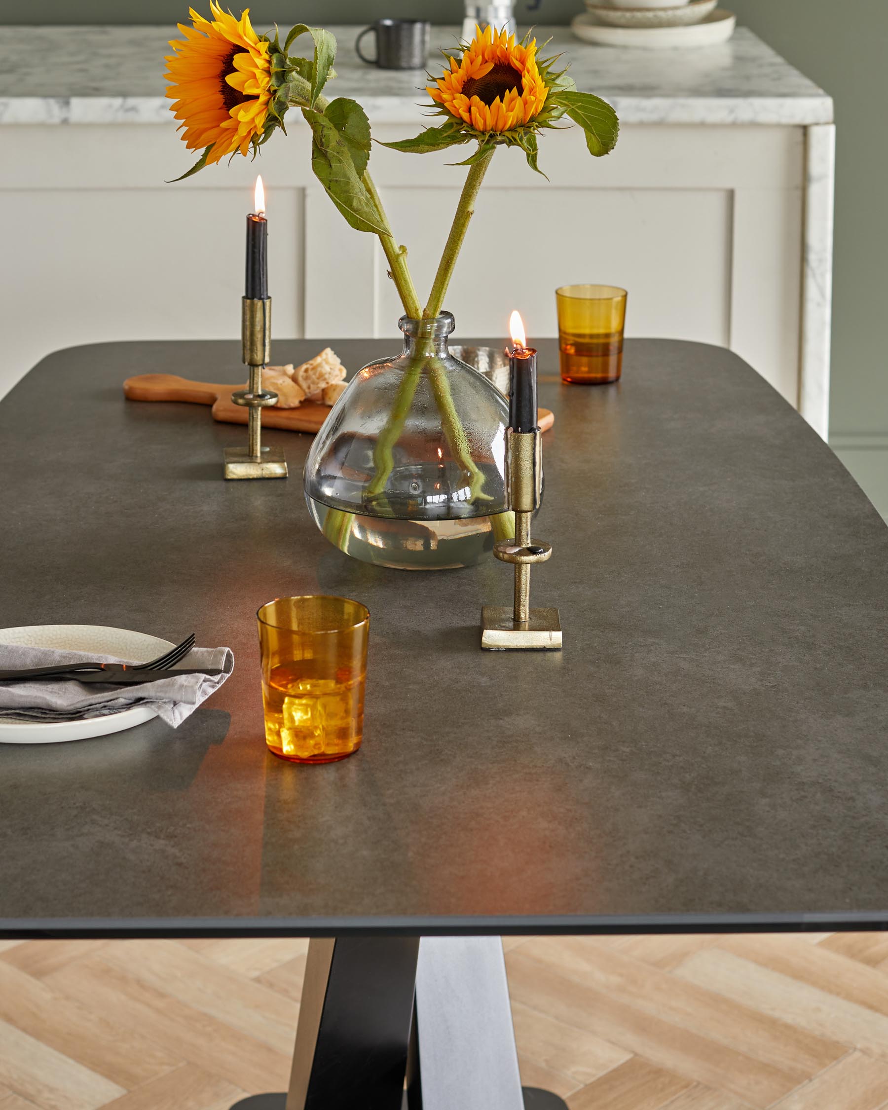 Carter 6 Seater Dark Grey Ceramic Dining Table with 6 Cleo Swivel Dark Grey Leather II Dining Chairs