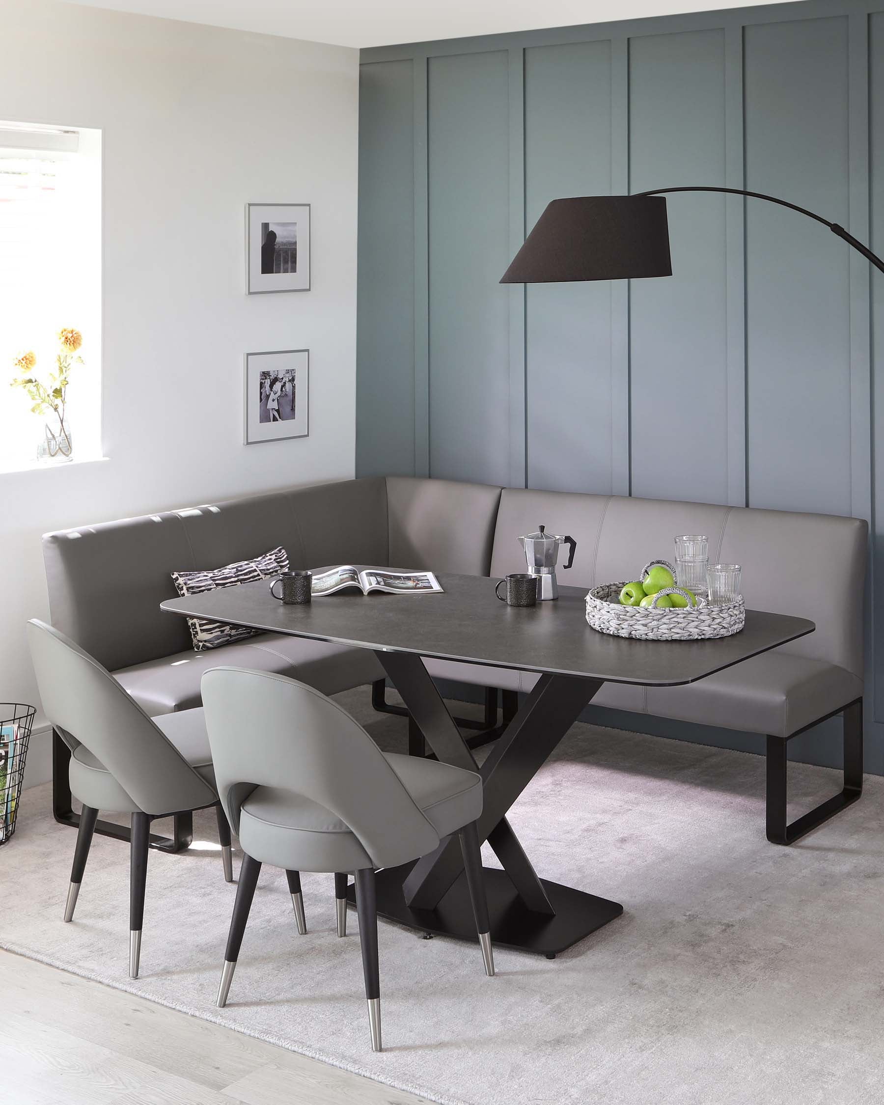 Loop 5 Seater Mid Grey Faux Leather Right Hand Corner Dining Bench