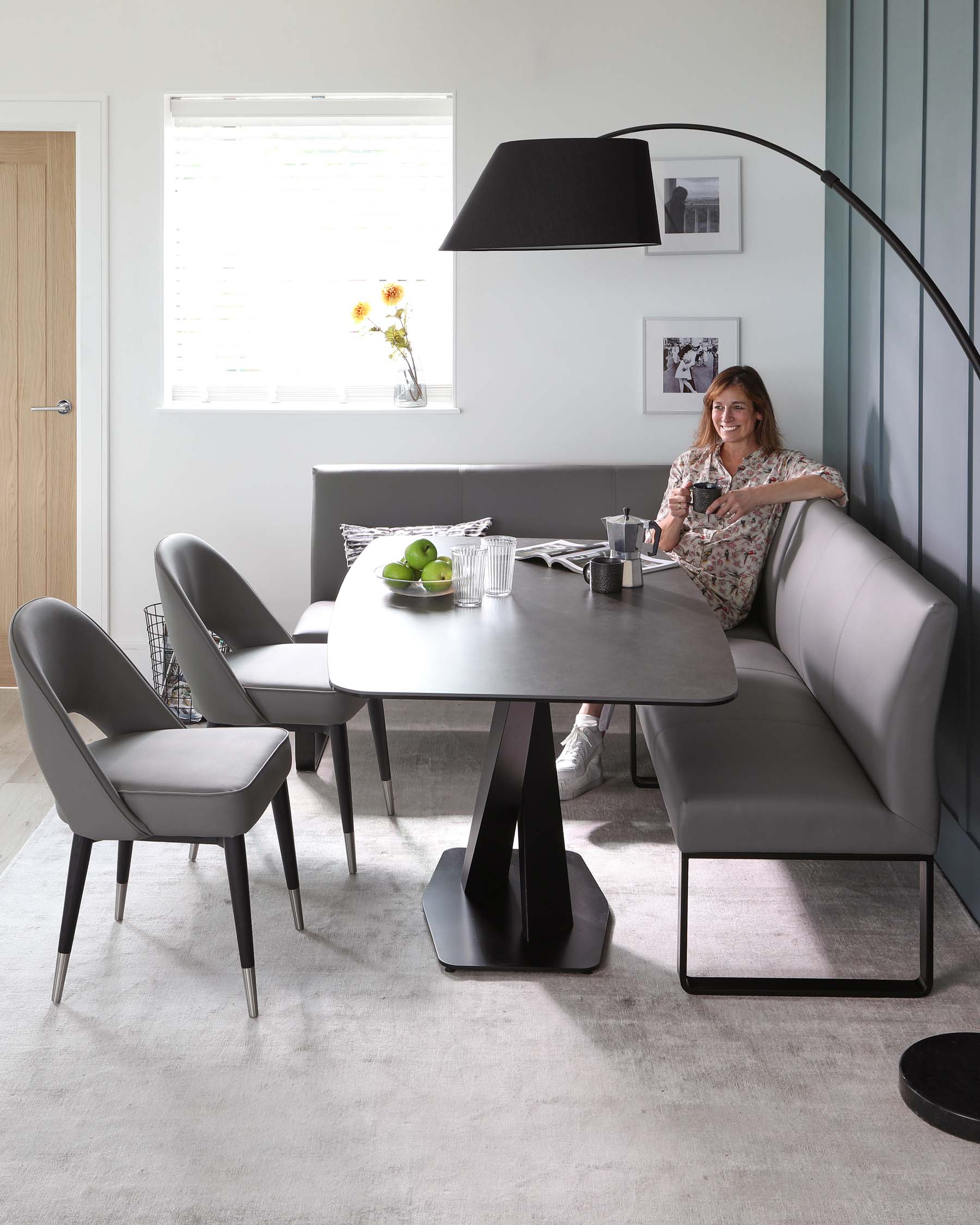 Loop 5 Seater Mid Grey Faux Leather Right Hand Corner Dining Bench