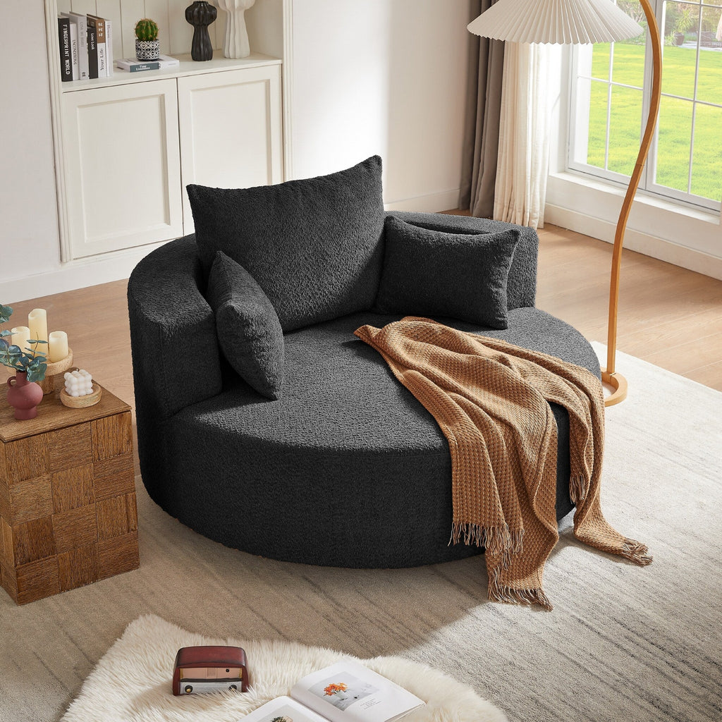Chenille Accent Barrel Chair Lounge Chair, Round Sofa Chair Armchair with 360-Degree Swivel Base and 3 Removable Pillows