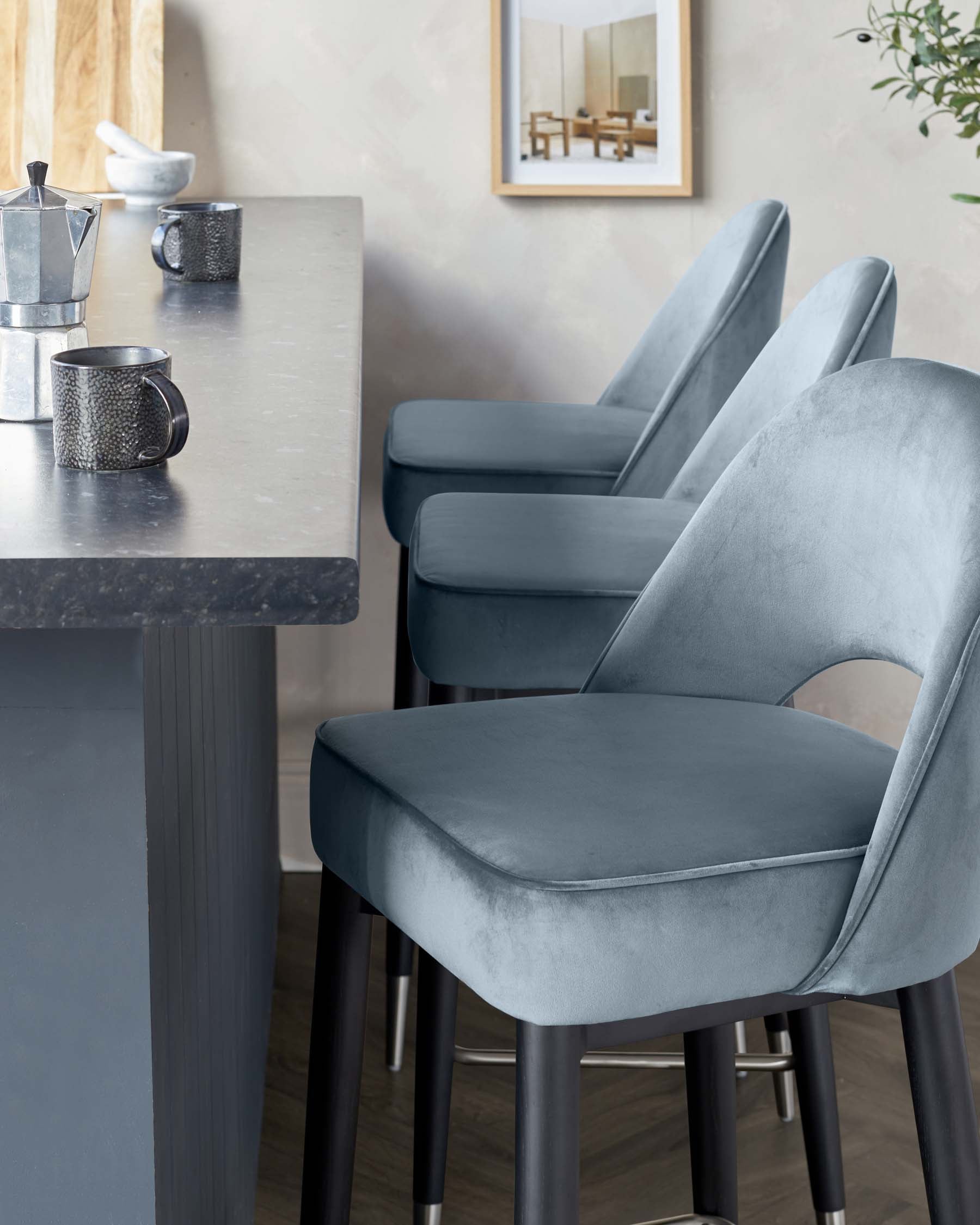 Clover Black Wood with Stainless Steel Caps Bar Stool in Blue Grey Plush Velvet