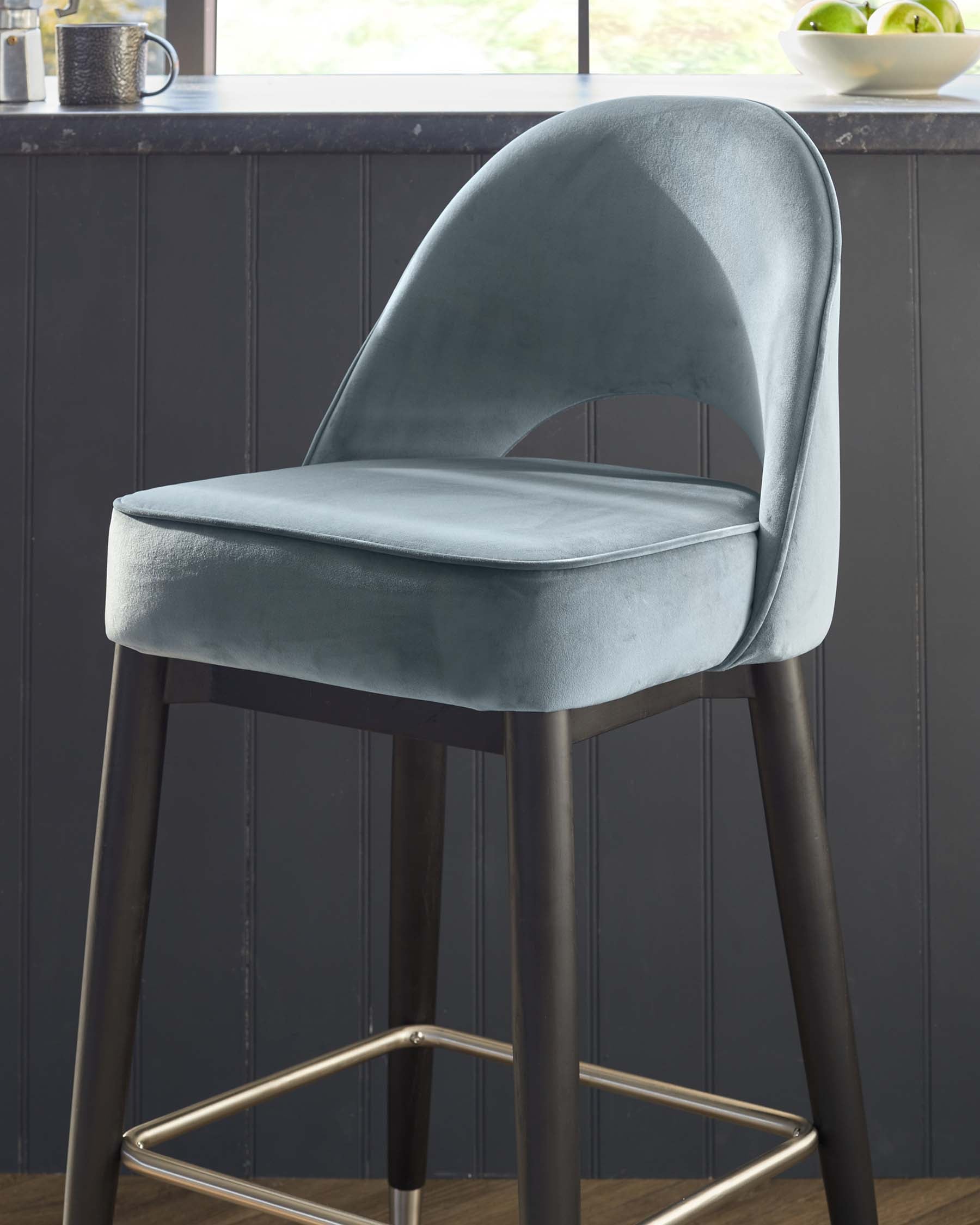 Clover Black Wood with Stainless Steel Caps Bar Stool in Blue Grey Plush Velvet