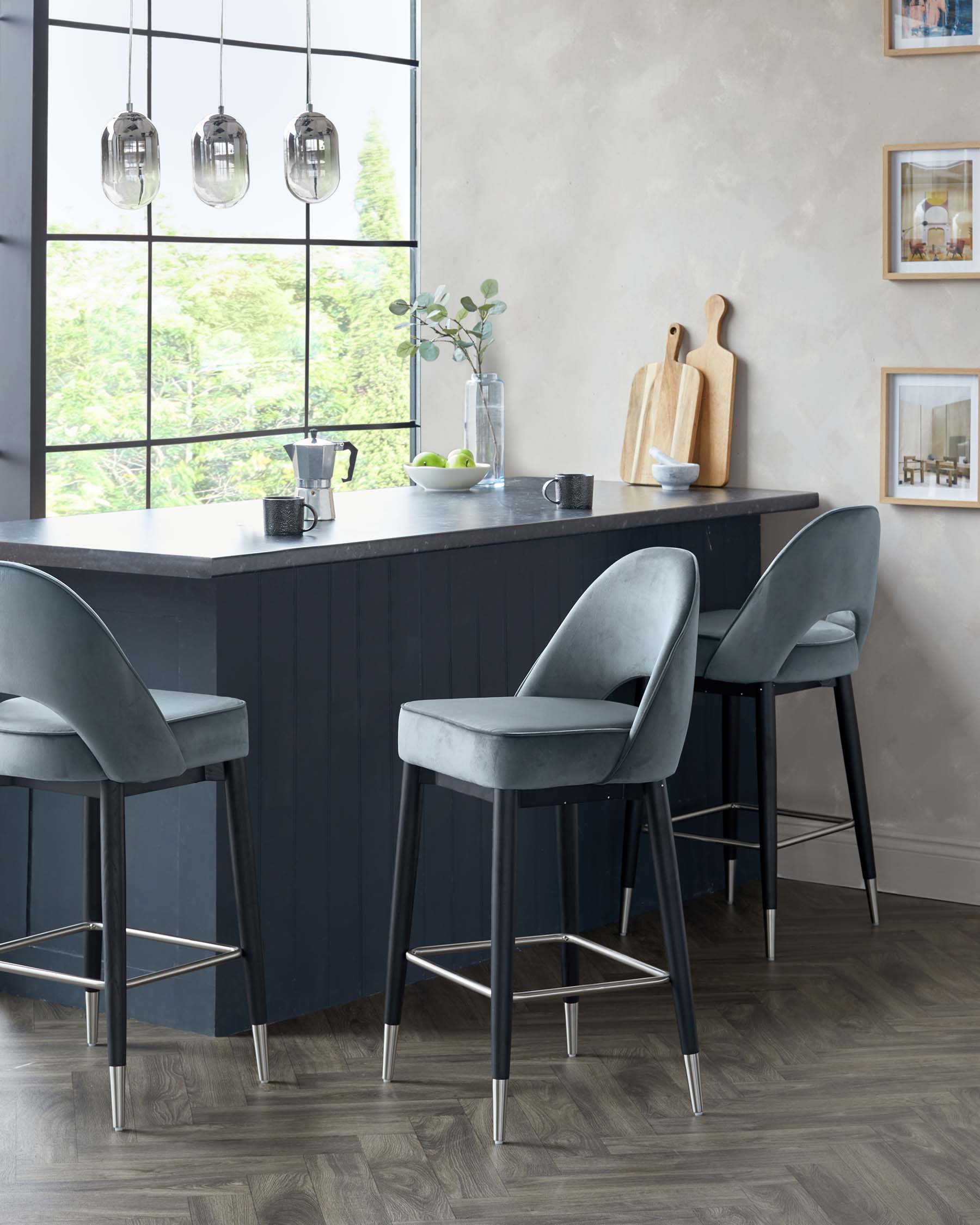 Clover Black Wood with Stainless Steel Caps Bar Stool in Blue Grey Plush Velvet