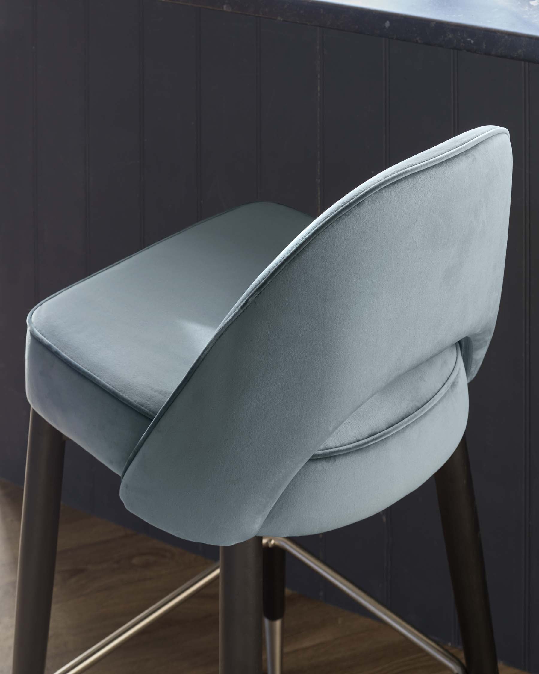 Clover Black Wood with Stainless Steel Caps Bar Stool in Blue Grey Plush Velvet
