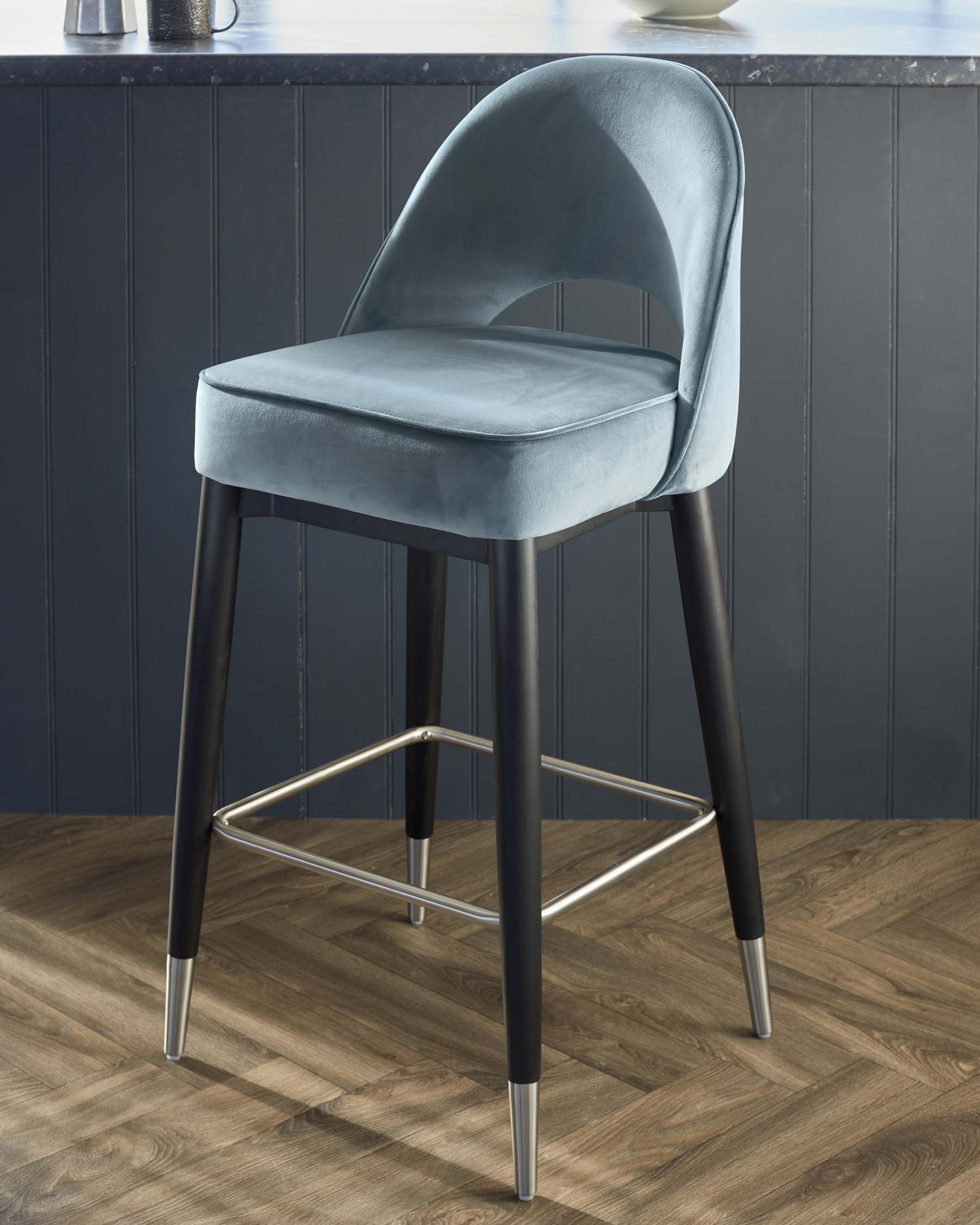 Clover Black Wood with Stainless Steel Caps Bar Stool in Blue Grey Plush Velvet