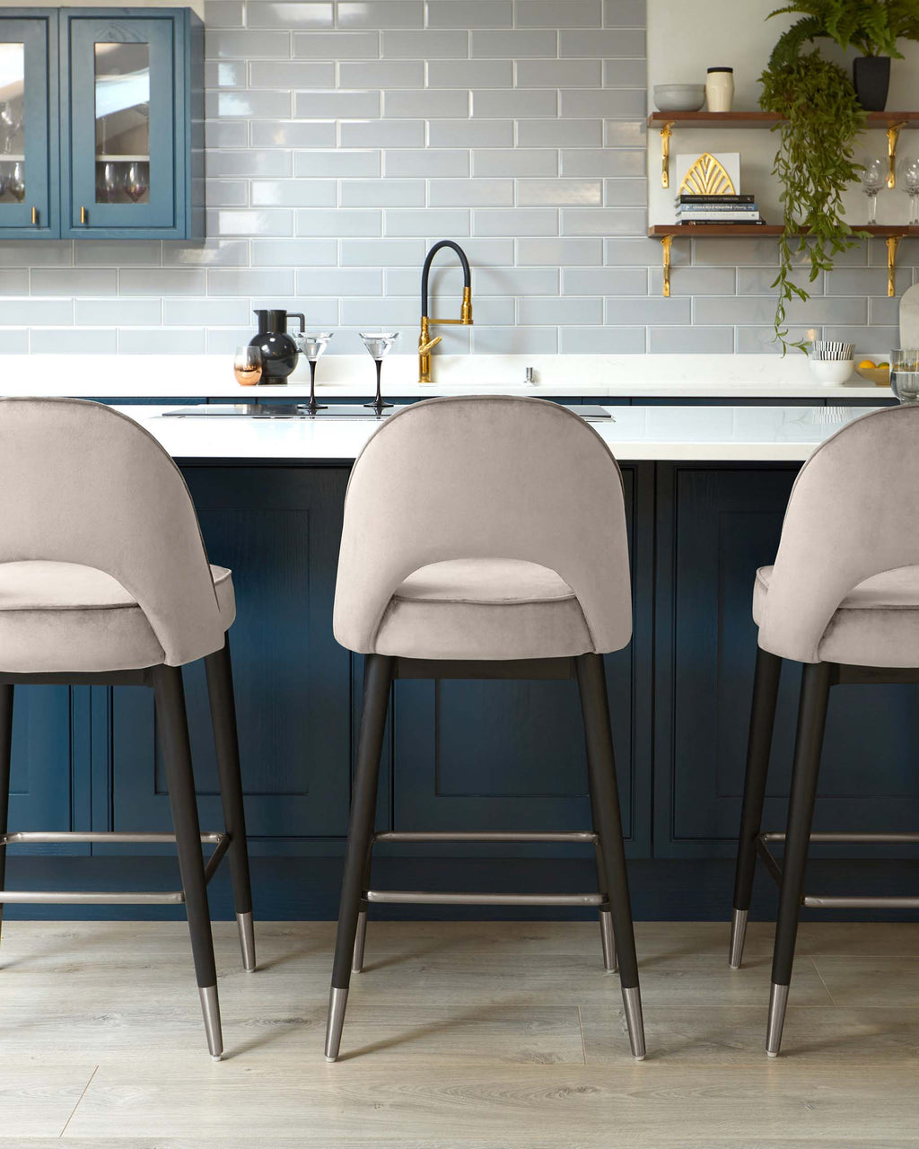 Clover Champagne Velvet Bar Stool With Stainless Steel Caps