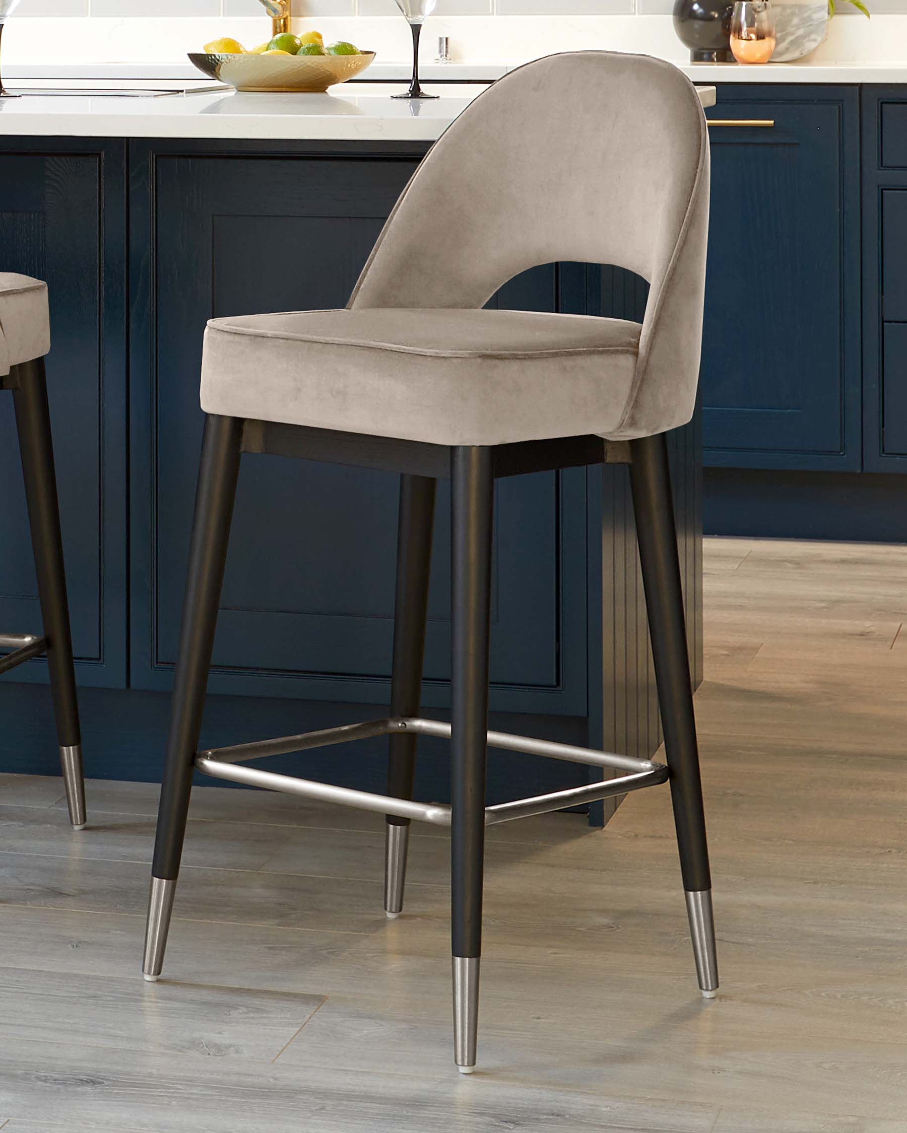 Clover Champagne Velvet Bar Stool With Stainless Steel Caps
