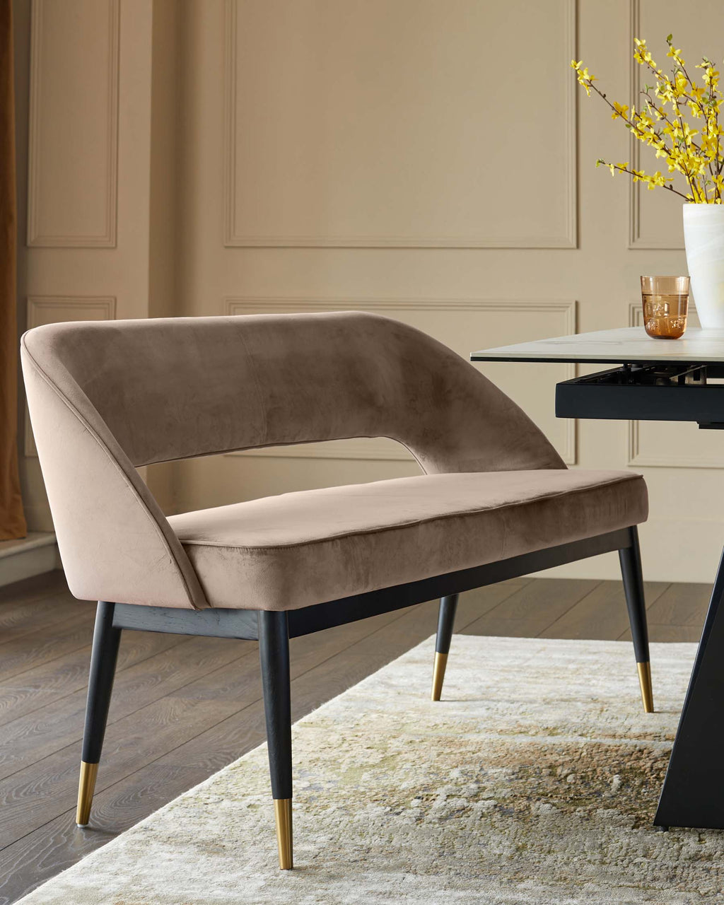 Clover Champagne Velvet Dining Bench With Backrest