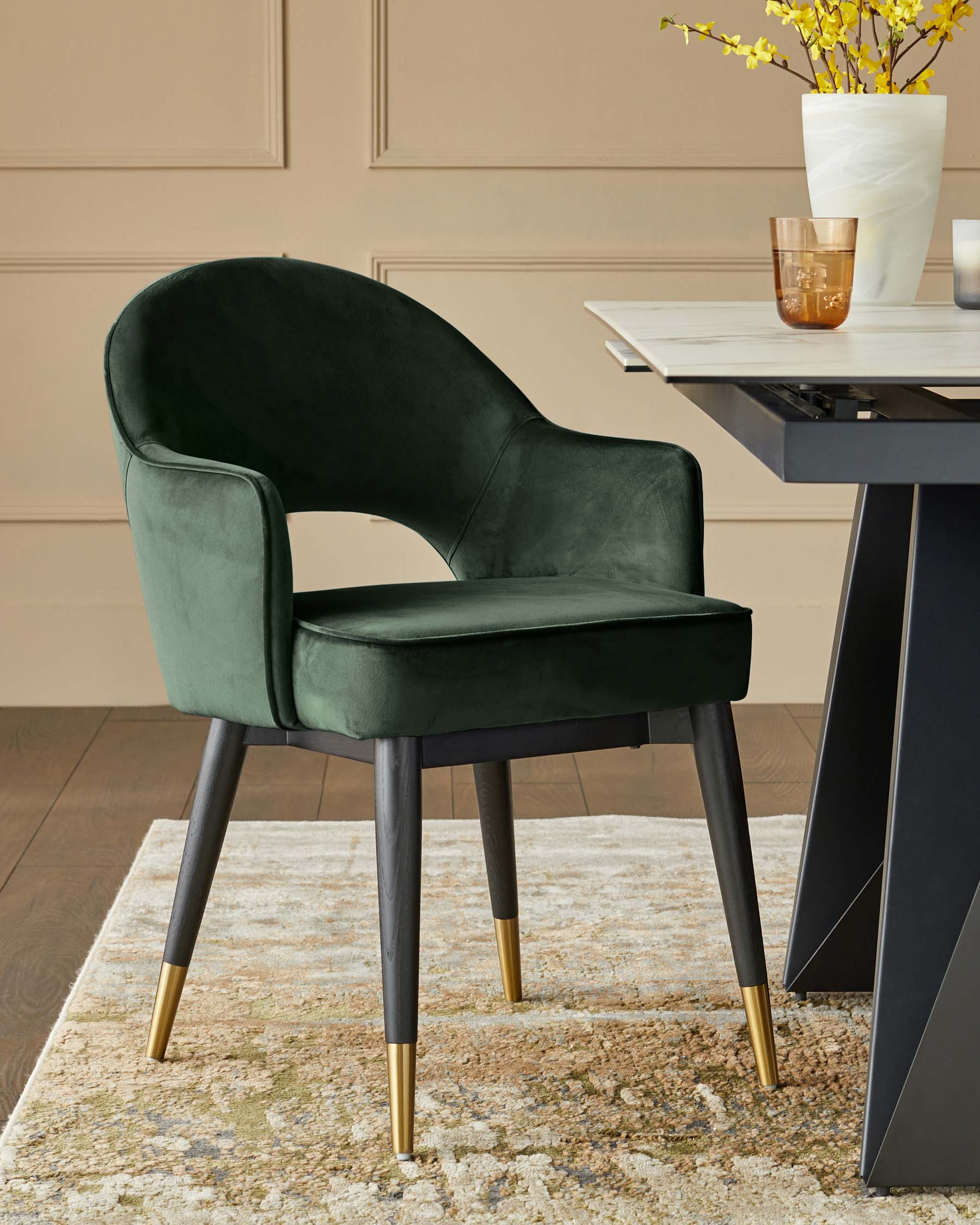 Clover Dark Green Velvet & Brass Dining Armchair