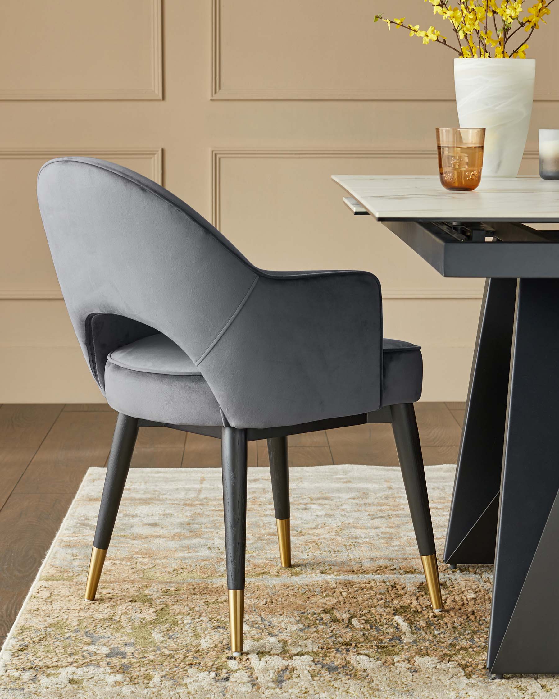 Clover Dark Grey Velvet & Brass Dining Armchair