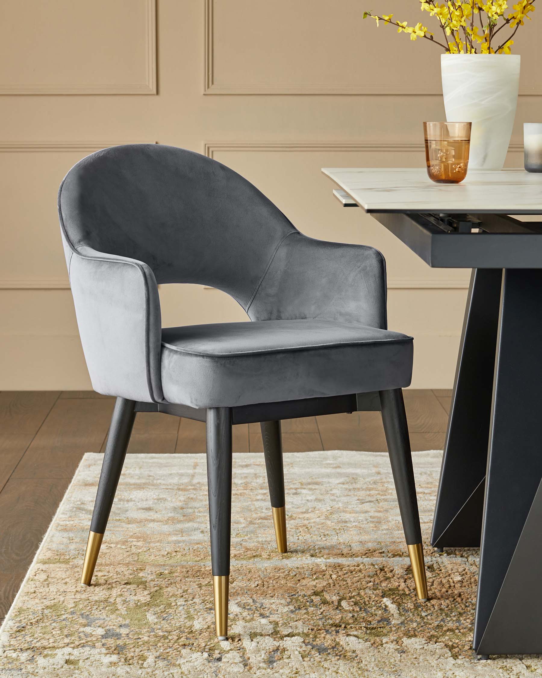 Clover Dark Grey Velvet & Brass Dining Armchair