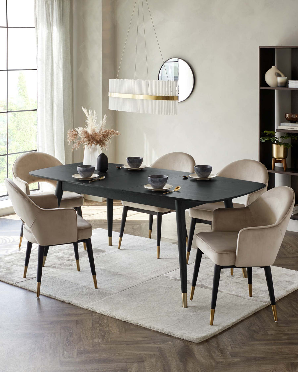 Clover 6 to 8 seater table and 6 Clover champagne dining armchairs set