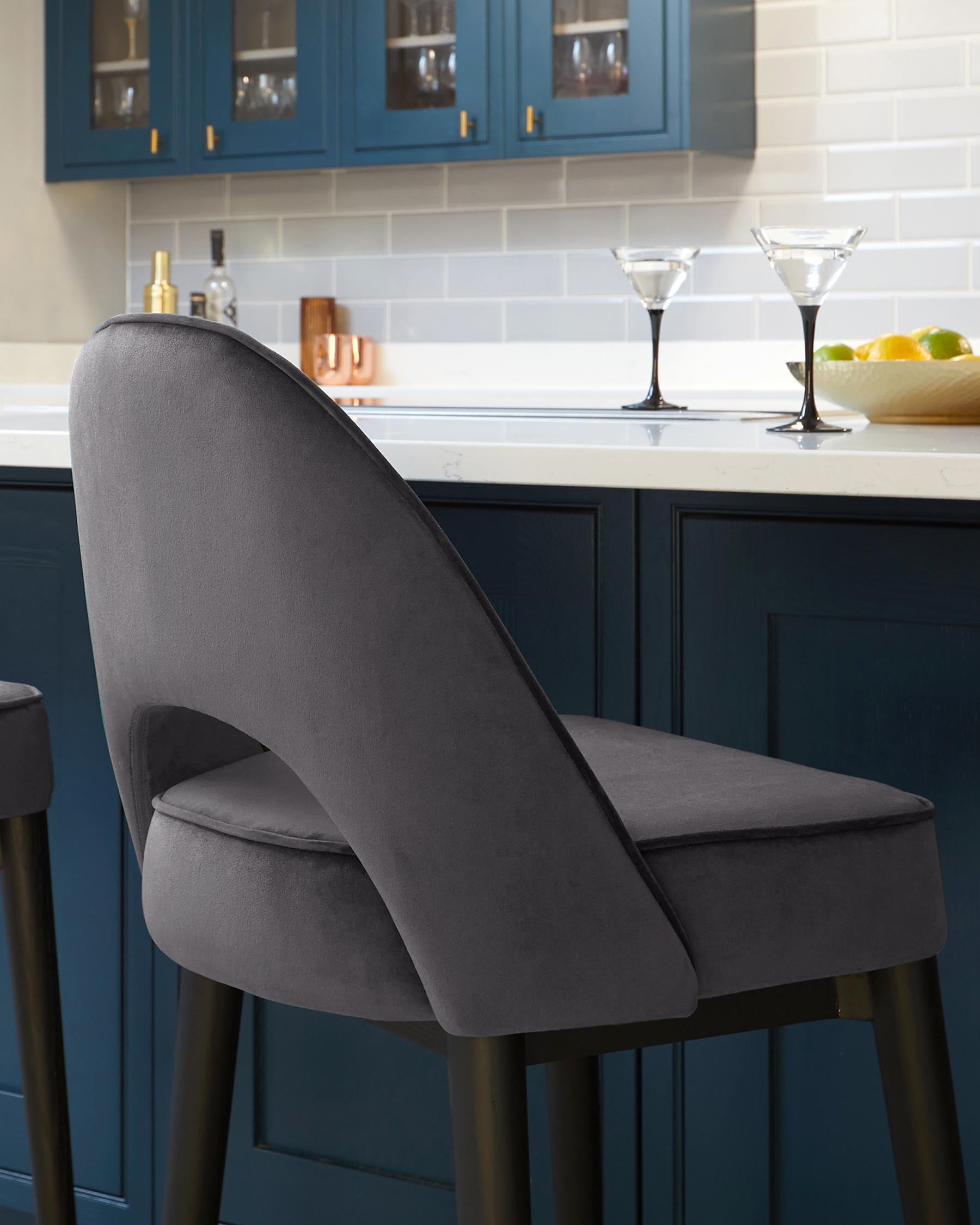 Clover Dark Grey Velvet Bar Stool With Stainless Steel Caps