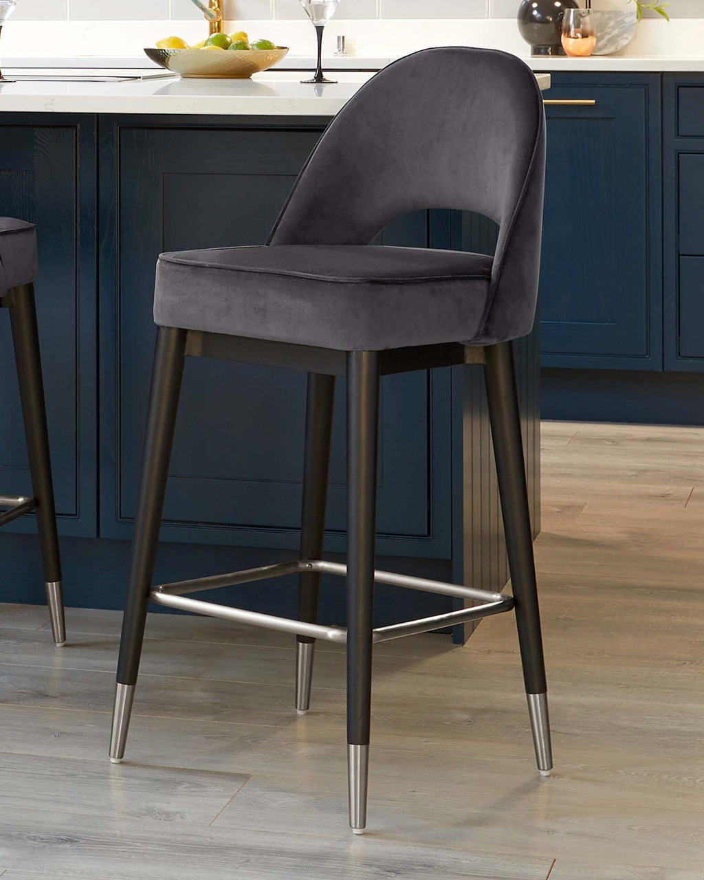 Clover Dark Grey Velvet Bar Stool With Stainless Steel Caps
