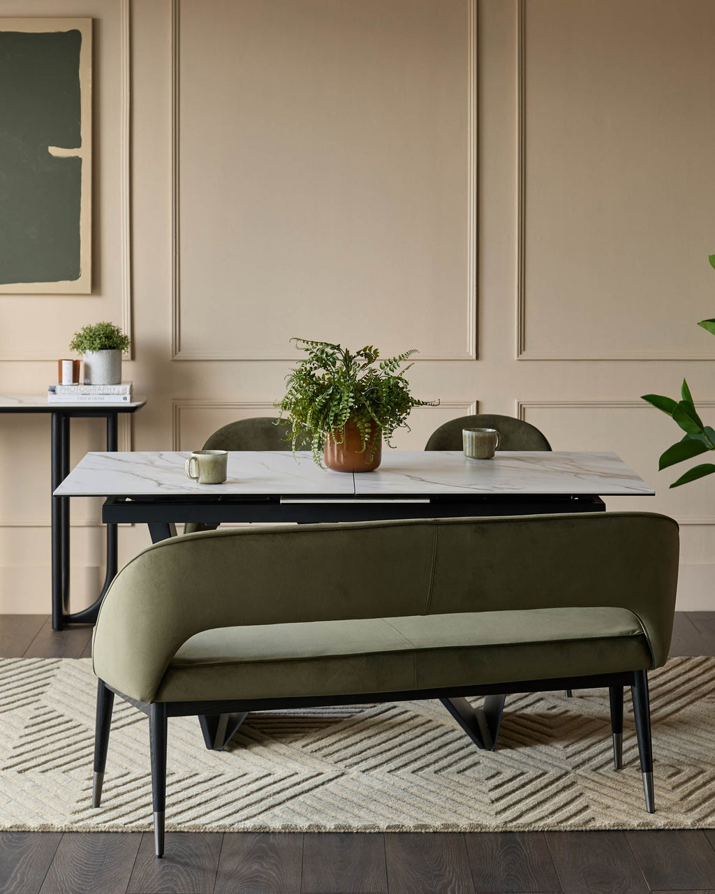 Clover olive green velvet dining bench with backrest