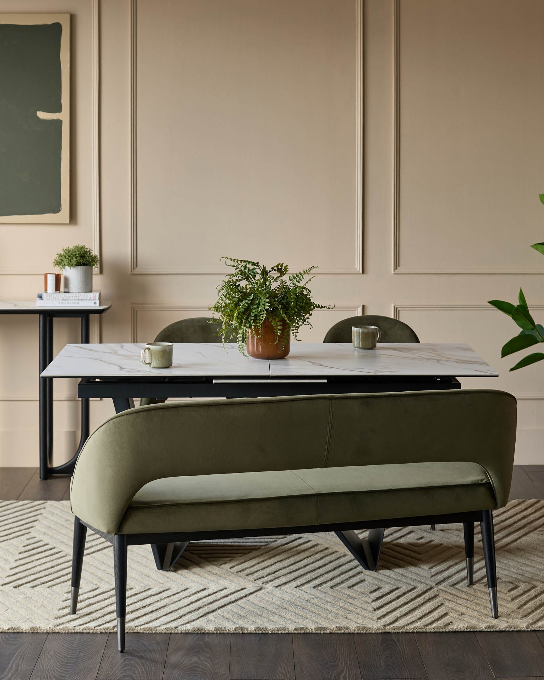 Clover olive green velvet dining bench with backrest