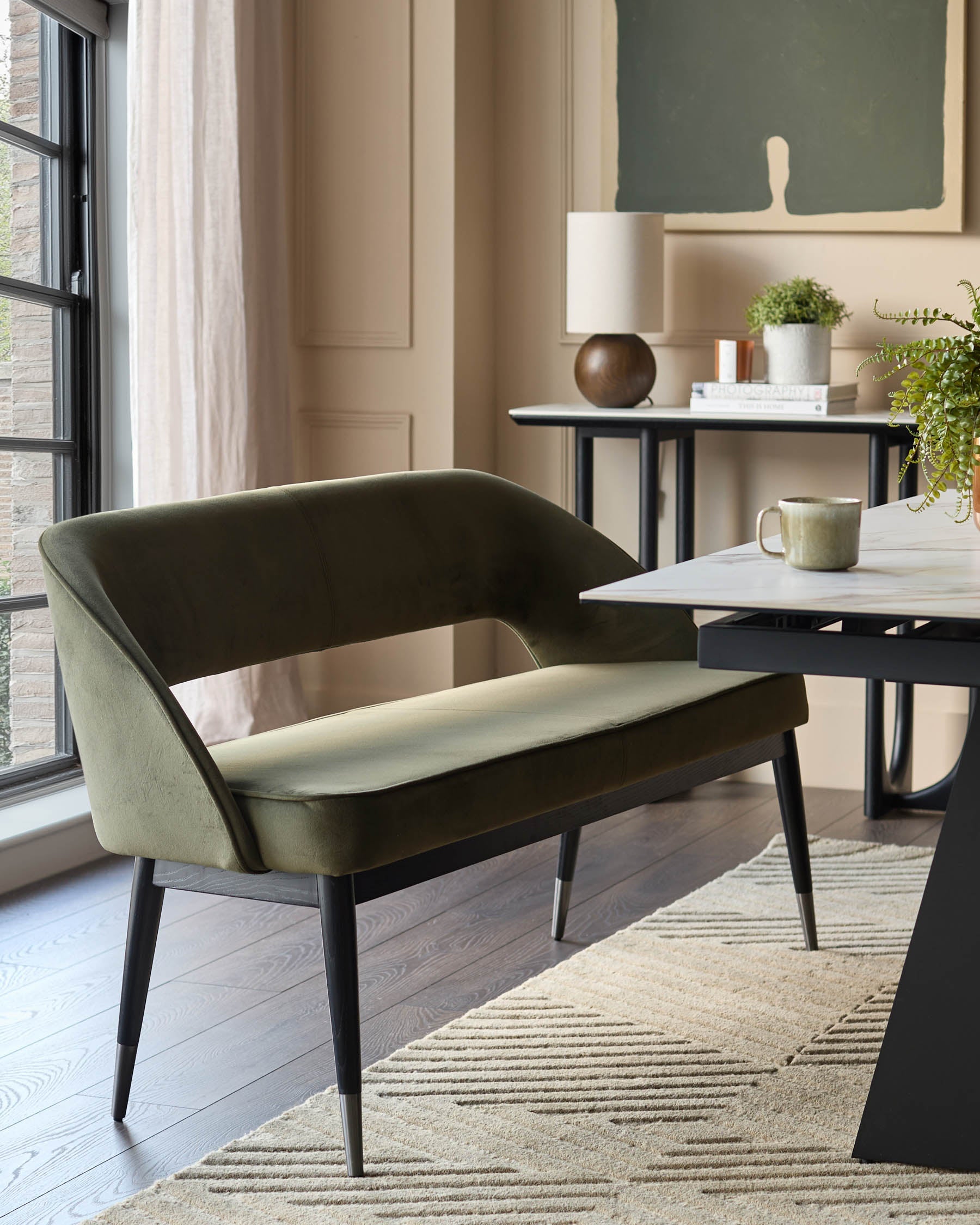 Clover olive green velvet dining bench with backrest
