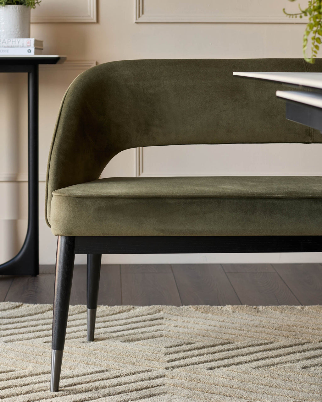 Clover olive green velvet dining bench with backrest