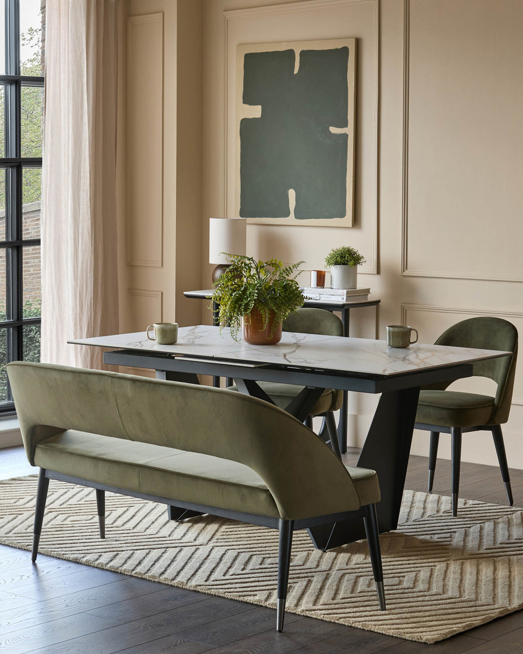 Clover olive green velvet dining bench with backrest