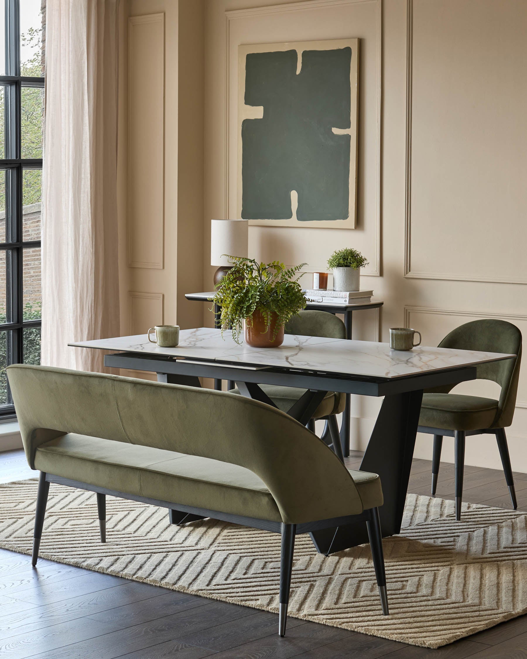 Clover olive green velvet dining bench with backrest